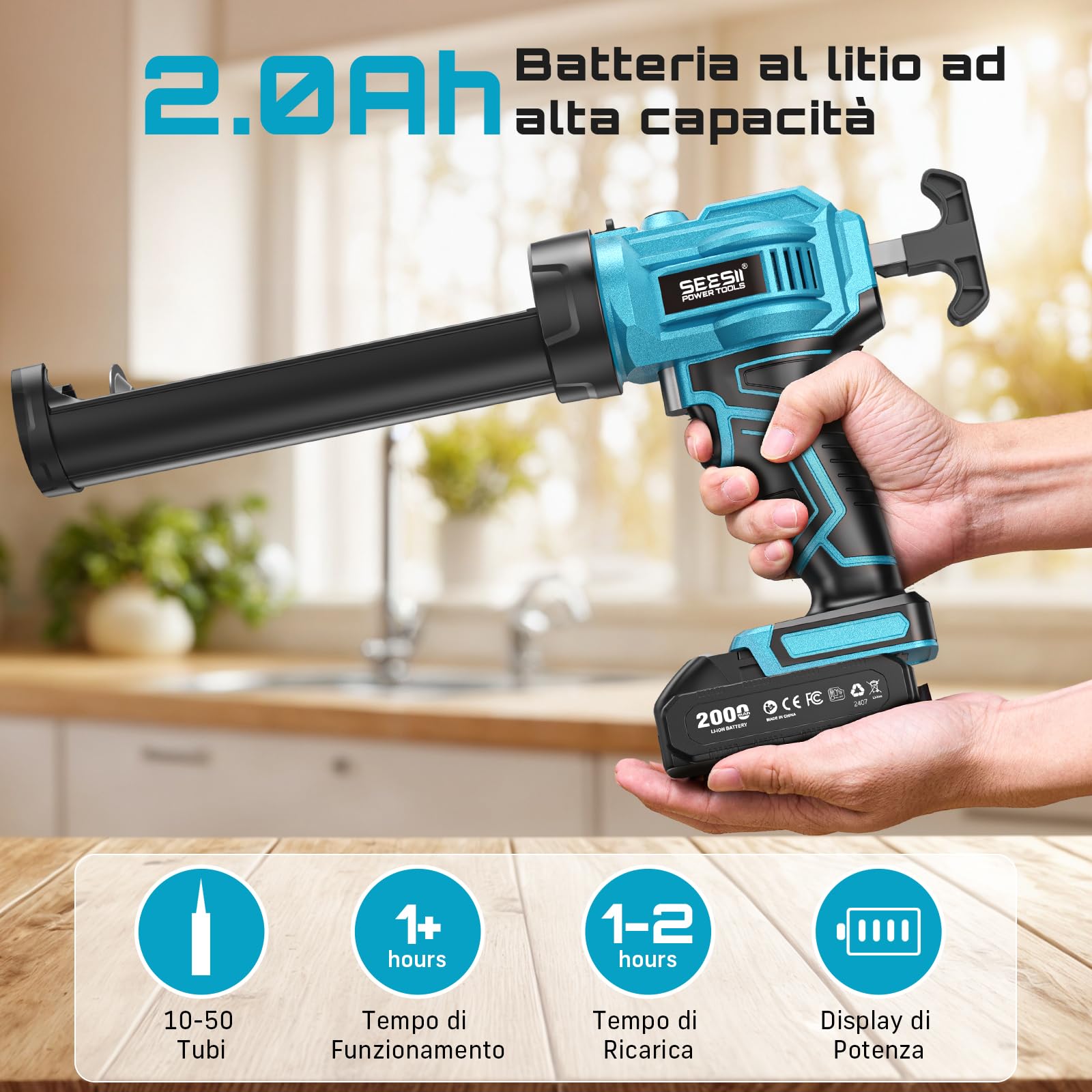 SEESII Pistola per Silicone a Batteria, 21V Pistola per Silicone Elettrica e Adesivi per Cartucce da 10oz/300ml con Batteria da 2.0Ah e Caricabatterie, 4 Velocità (300ml)