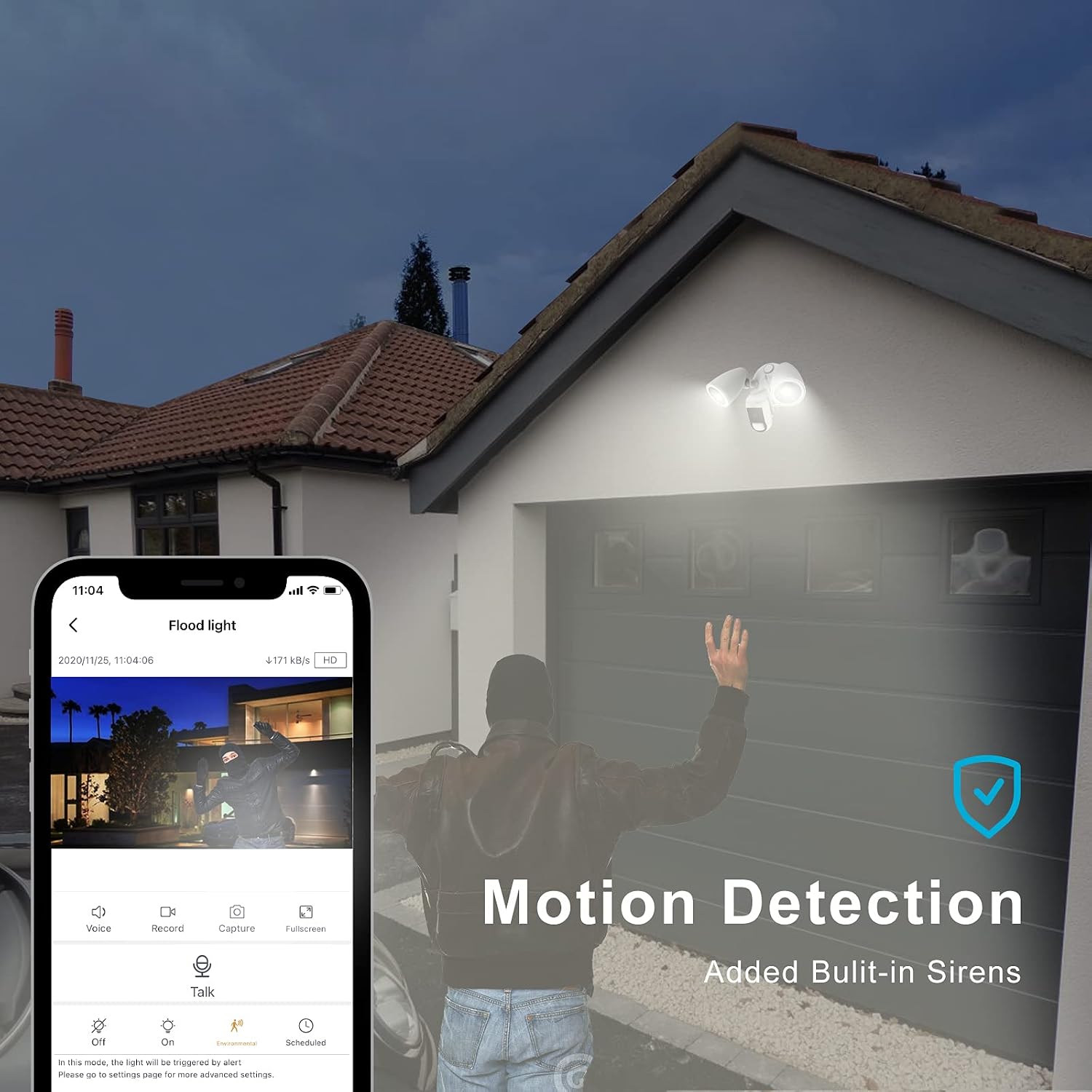 Rreslicam Security Floodlight Camera,Outdoor Light with 1080P HD，2.4G WiFi 2500 lm IP65 Weatherproof Built-in 32G Memory&Siren Alarm Motion Sensor Night Vision Two-Way Audio Alexa White