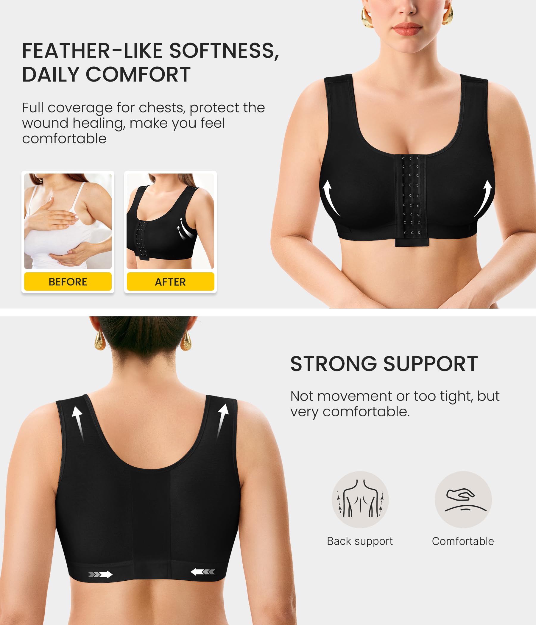 Junlan Femme Soutien-Gorge Post-Opératoire Compression,Boucle Avant, Bretelles Réglables sans Armatures, Racerback, Minimiseur Forte Poitrine – Bustier de Sport Confortable Yoga Récupération