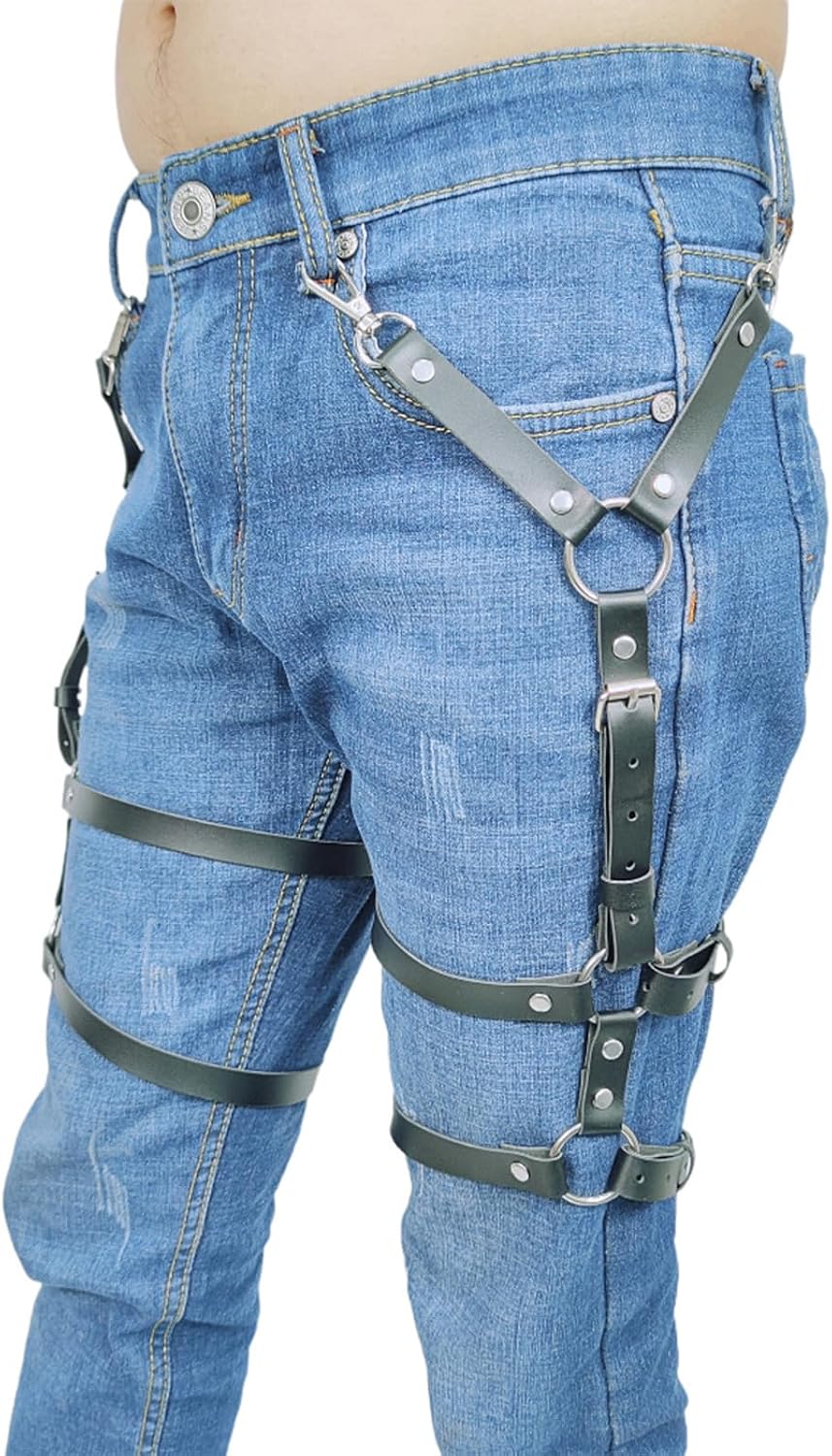 Adjustable Black PU Leather Thigh Leg Garter for Men or Women Punk Waist Chains Leg Harness Belt