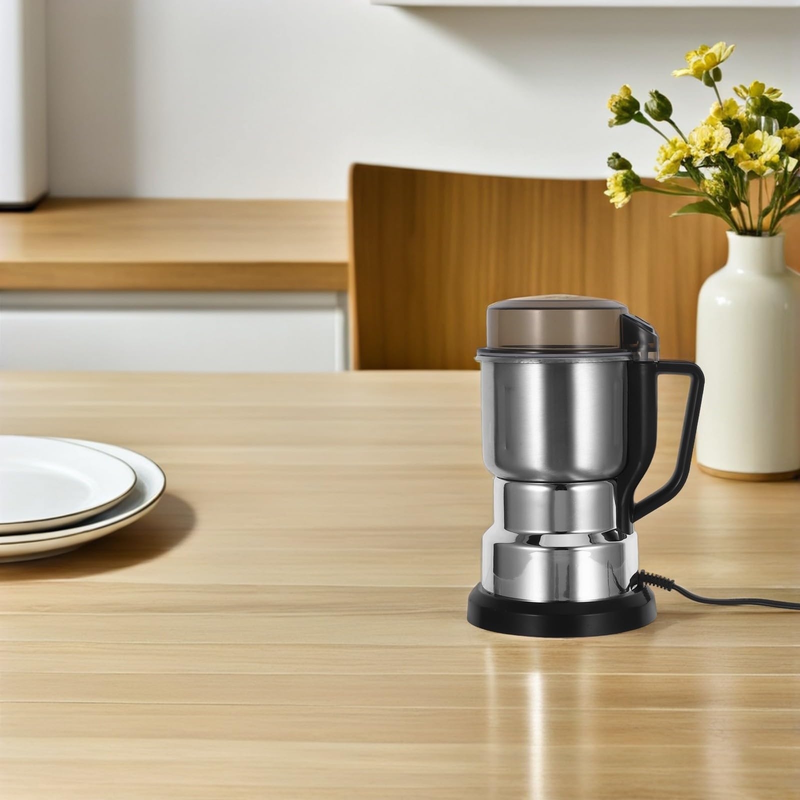 SOLUSTRE Molinillo Eléctrico de Cereales y Café con Motor, Capacidad 600g, Diseño Compacto de Acero Inoxidable para Cocinas Pequeñas y Apartamentos