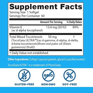 Doctor's Best Vitamin E Tocotrienols contains TocoGaia ULTRATM bioenhanced full spectrum vitamin E complex, 60 Count