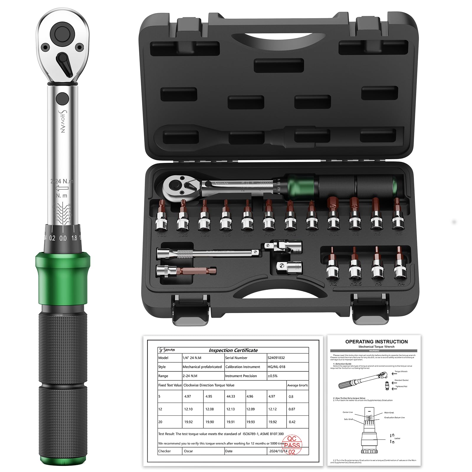 ss shovan 1/4 Torque Wrench with 72-Tooth Click Type, Torque Wrench with Dual Scale 2-24 Nm, Bike Torque Wrench Set for MTB, Bicycle Maintenance (21