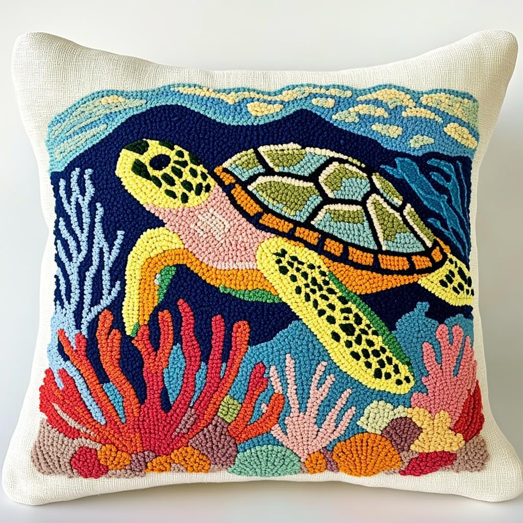 DIY Punch Needle Pillow Kit Green Sea Turtle and Corals with Pattern and Hoop Handmade Embroidery Punch Needle Starter Pillowcase Set for Home Sofa Decor 43x43cm-1-15
