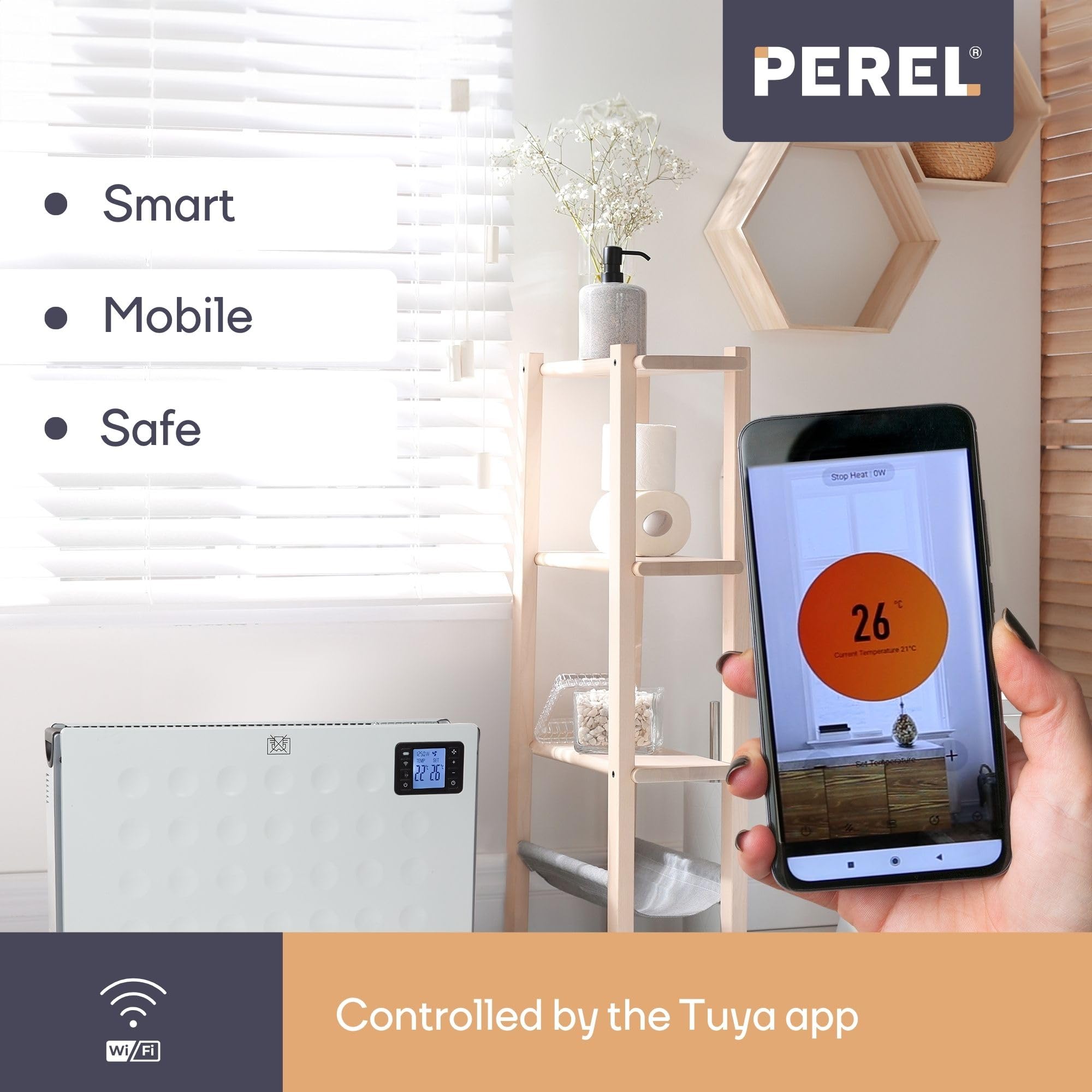 Perel Calefactor convector inteligente 2000W con 3 niveles de calor, termostato, IP20, protección contra sobrecalentamiento, portátil con mando a distancia y control Tuya app, para habitaciones hasta