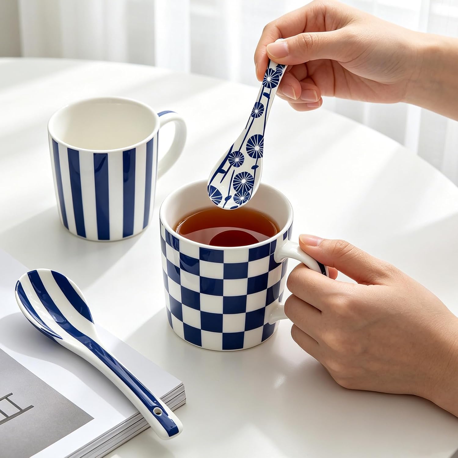 JarThenaAMCS Ceramic Coffee Spoons 5.8'' Teaspoons for Espresso Vintage Blue Floral Stripe Small Serving Spoons for Stirring Tea Soup Dessert Ice Cream, Dishwasher & Microwave Safe, 6Pcs
