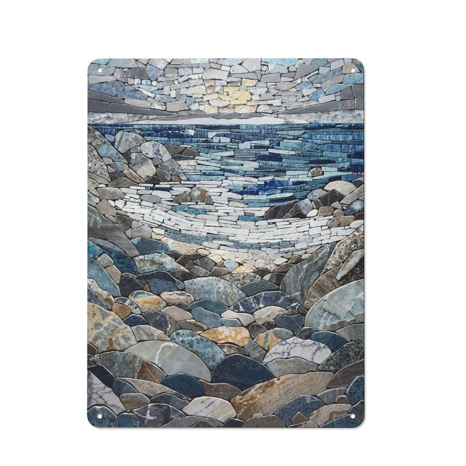 Junmoney Rocky Beach Mosaic Art Decorative Metal Plaque With Design 40X30cm, Warehouse Style Loft Wall Plaque For Flat, Bar, Studio Or Gallery Wall