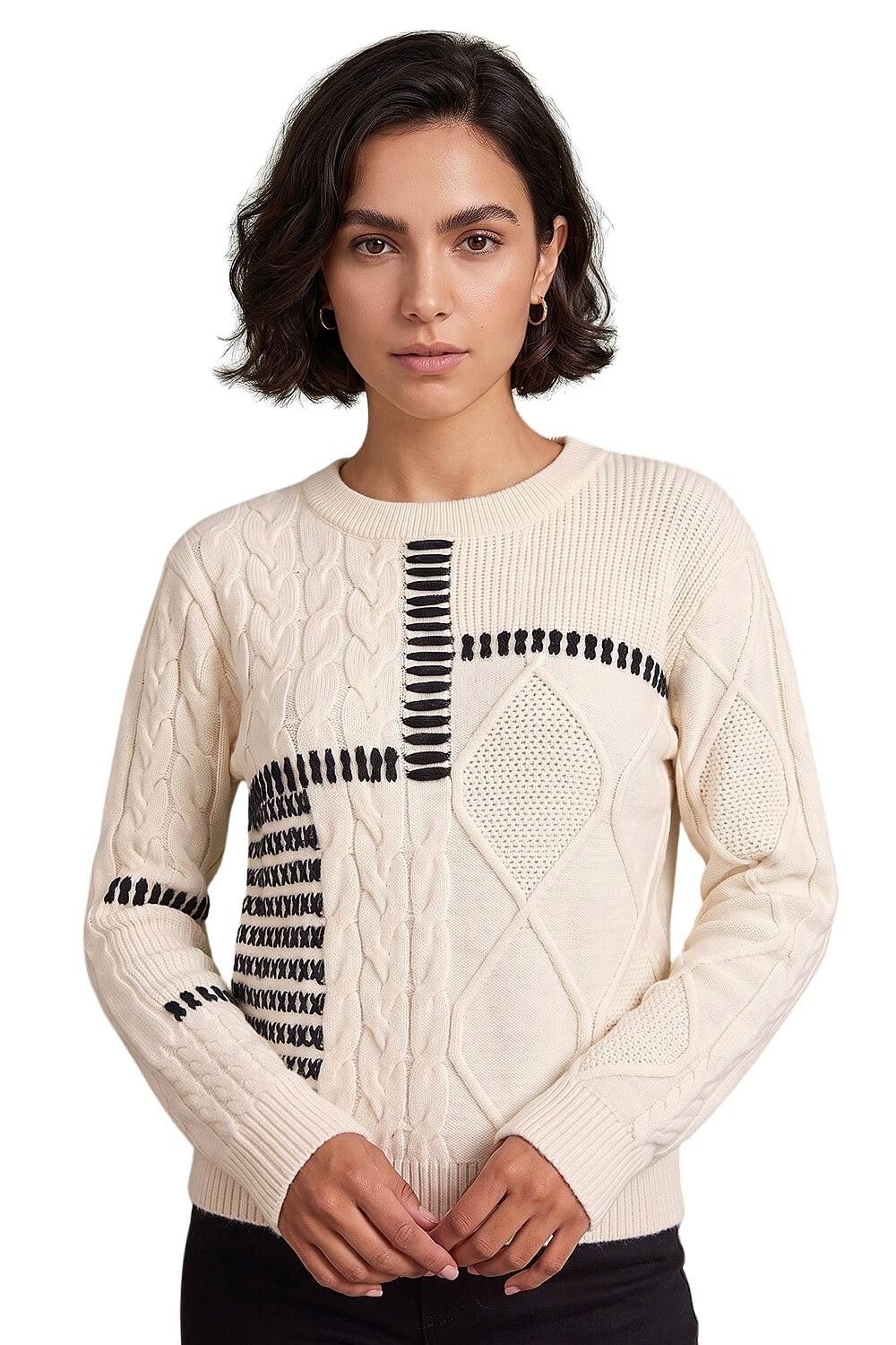Roman Women's Ivory Crew Neck Blanket Cable Knit Jumper In | : Size 16