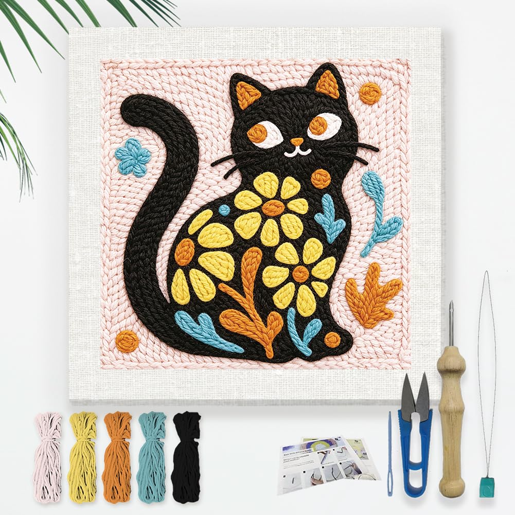 DOODLREAM Floral Pattern Black Cat Punch Needle Kit for Beginner 24x24cm