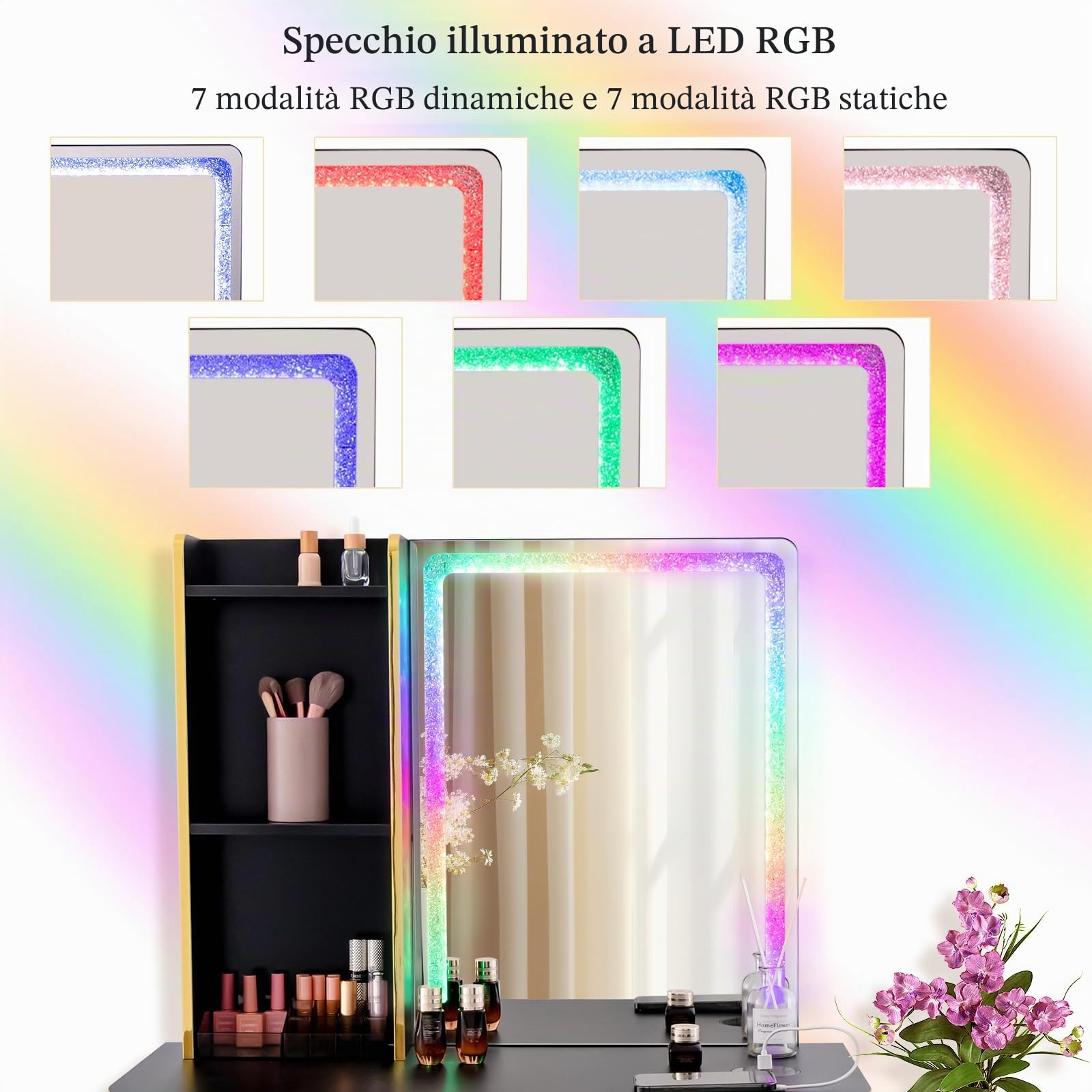 HOMASIS Toeletta Trucco con Luci a Led Colorate Regolabili, Postazione Trucco con Sgabello, Toletta da Trucco con Specchio con Porta USB e 4 Cassetti, 80 x 40 x 137 cm (Nero)