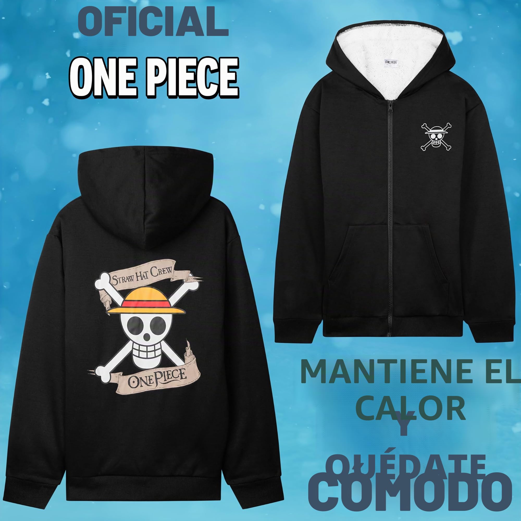 One Piece Sudadera Cremallera Niño y Chico con Bolsillos, Chaqueta Forro Sherpa con Capucha, 9-16 Años, Regalos de Anime