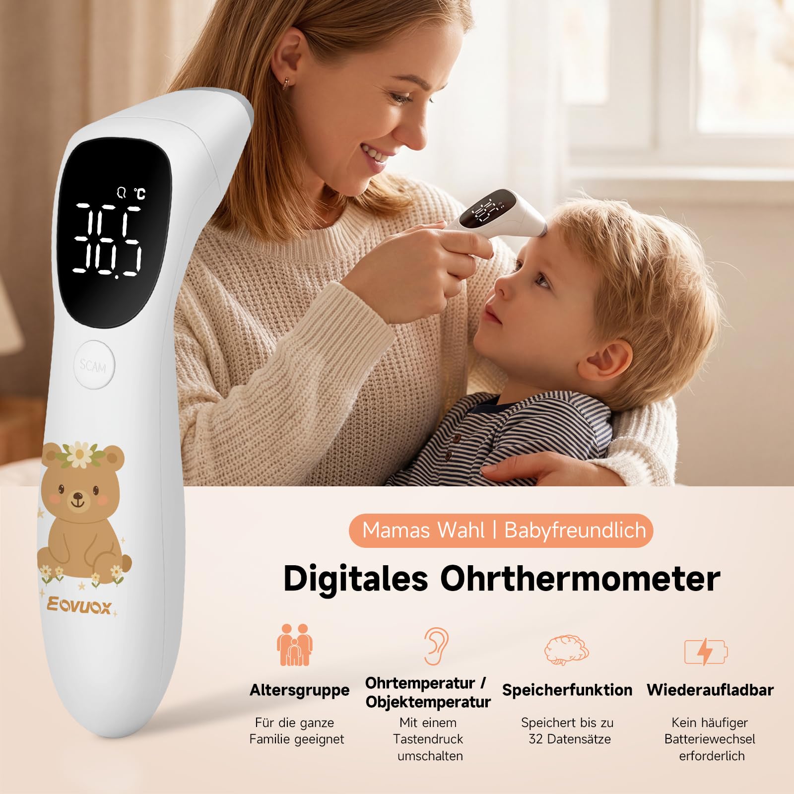 Einzigartiges handgezeichnetes Muster | Digitales berührungsloses Ohrthermometer - geeignet für Erwachsene und Babys, mit Memory-Funktion (Bärchen)
