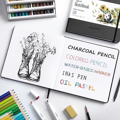 Miniatura 10 de ALKALO Cuaderno de dibujo cuadrado de 180 gsm122 libras con cierre elástico y marcador de cinta (grande, negro)