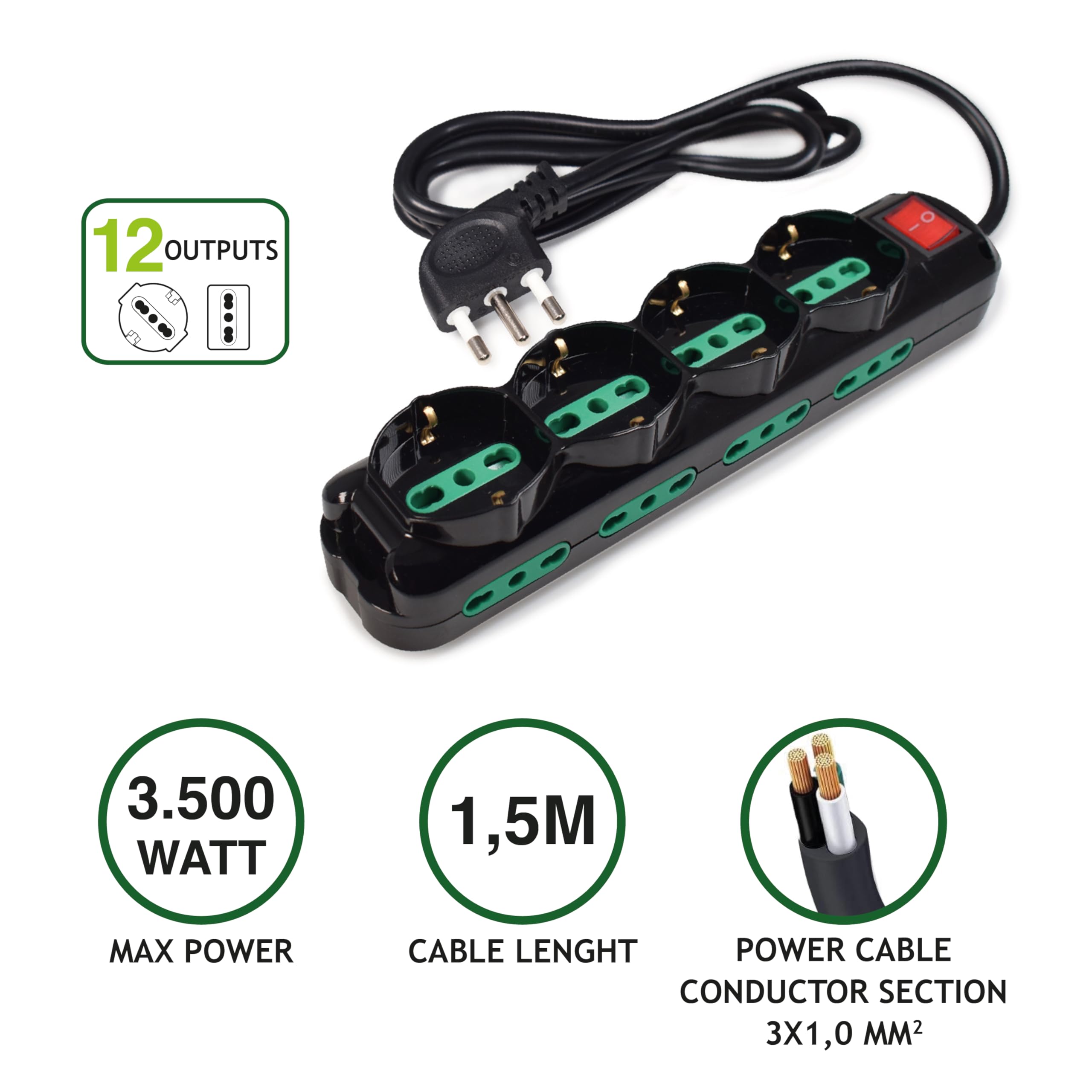 Tecnoware Multipresa Power Cleaner 12 4 Uscite Schuko Italia 8 Uscite 10/16A Cavo 1,5m Nero