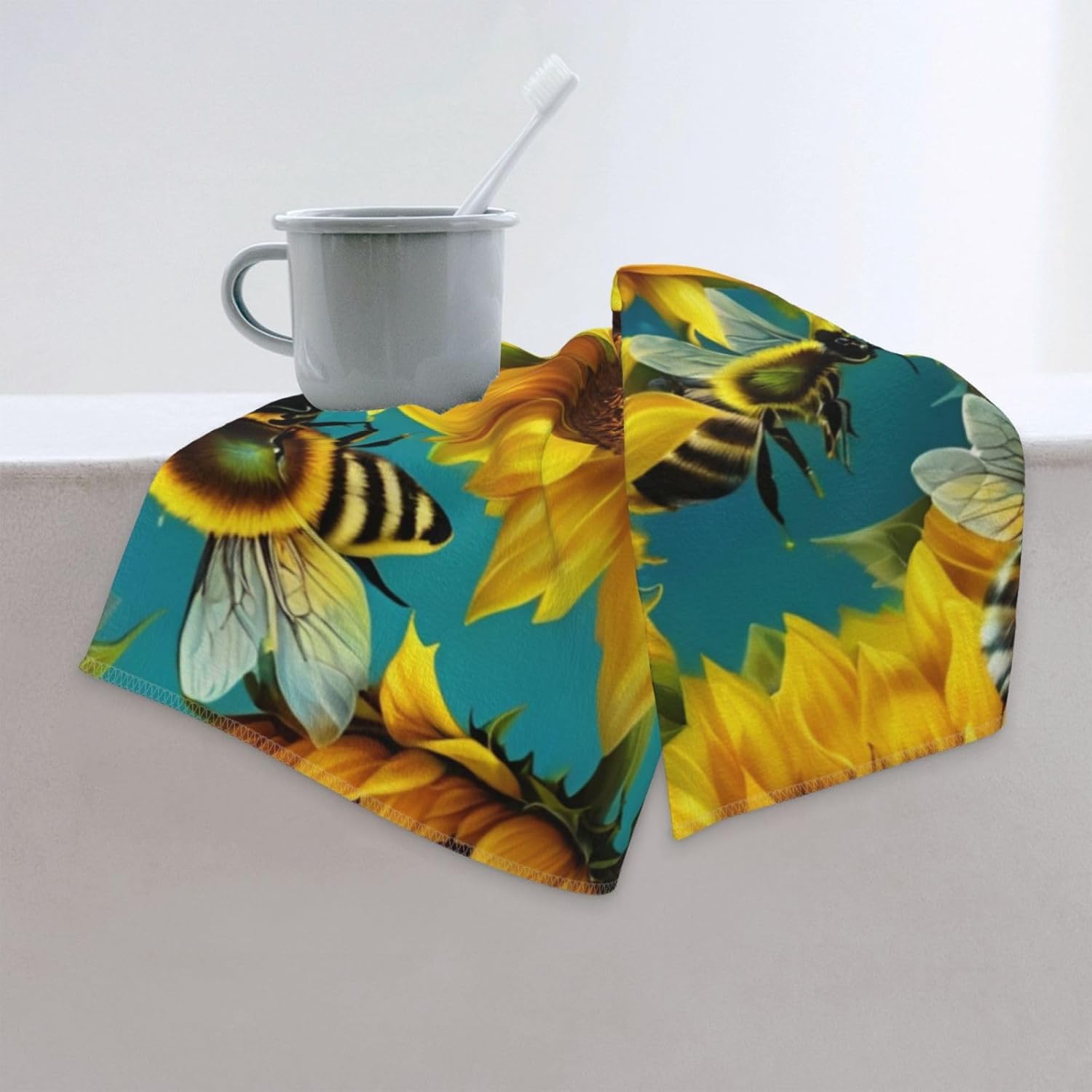 Sunflower Bees Print Hand Towels for Kitchen, Decorative Bathroom Towels Decor Farmhouse Cute for Men Women Gifts