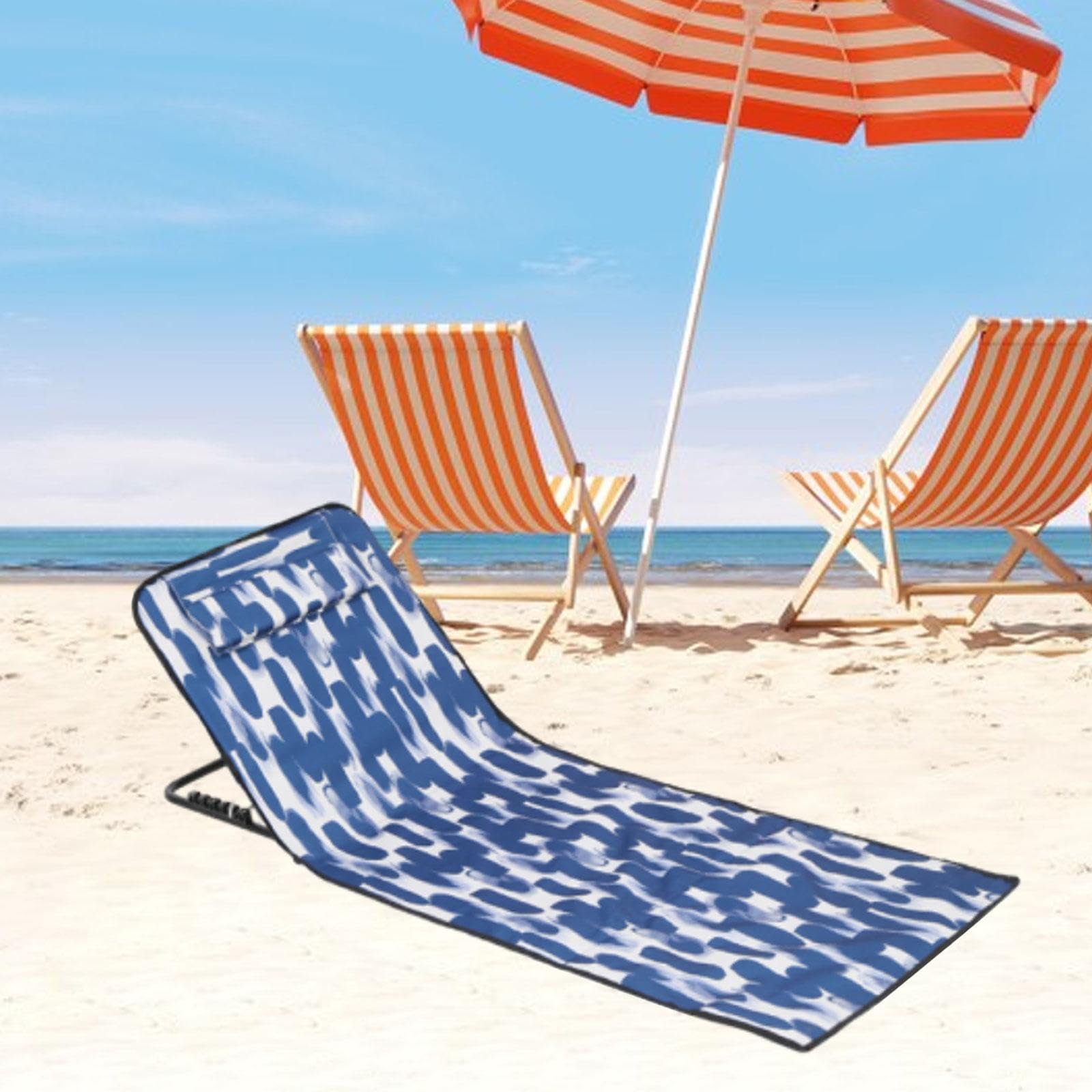 Silla de Playa Plegable con Respaldo, Tumbona de Playa, Tumbona Acolchada para Jardín, Césped, Deportivos Y Viajes, Azul y
