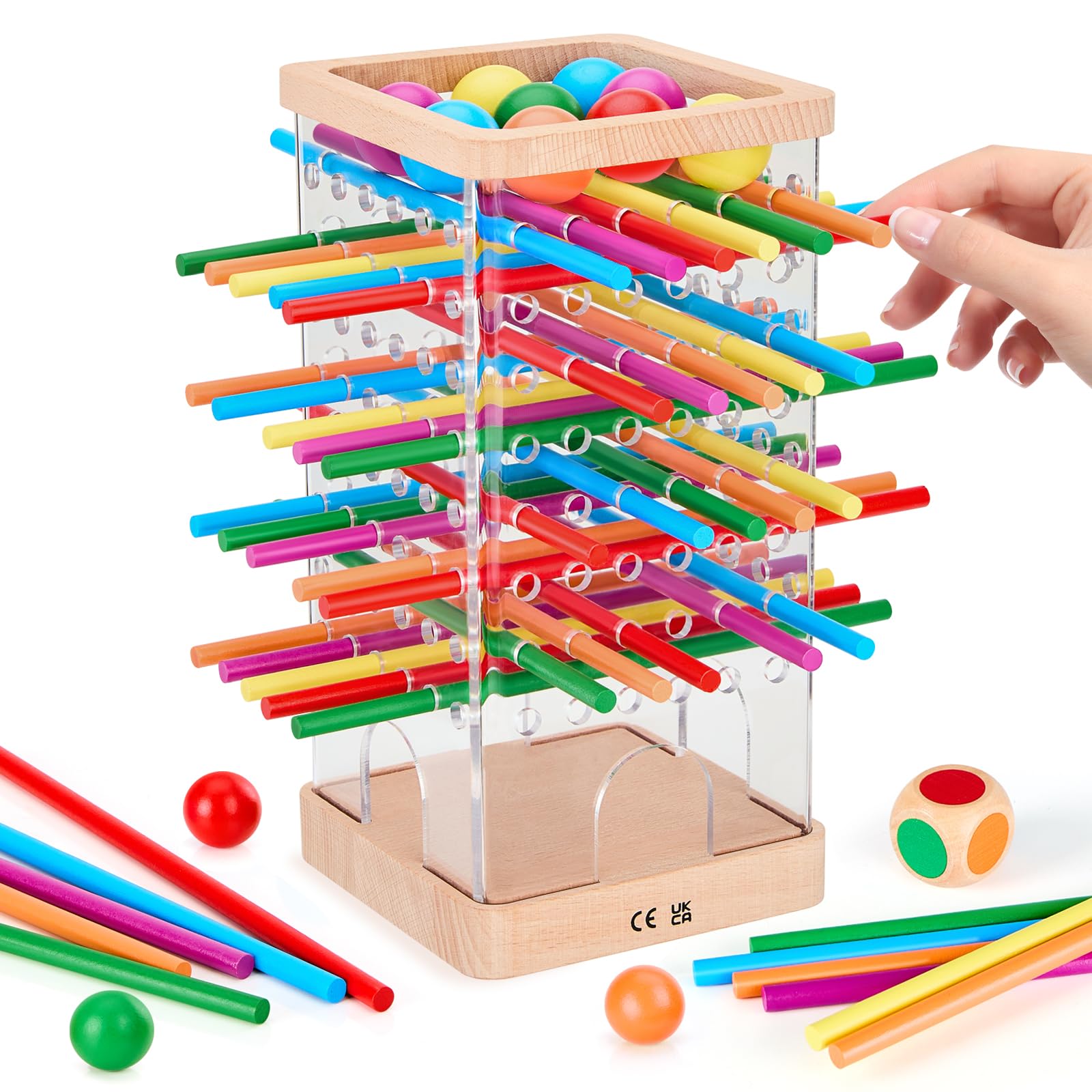 Montessori Spiel Brettspiel aus Holz, 48 Bunte Stäbchen Würfelspiel zur Feinmotorik & Mathe, Lernspiele ab 3 4 5 6 Jahre, Familienspiel Reisespiel für Kinder, Geschenk Jungen Mädchen ab 3 Jahre