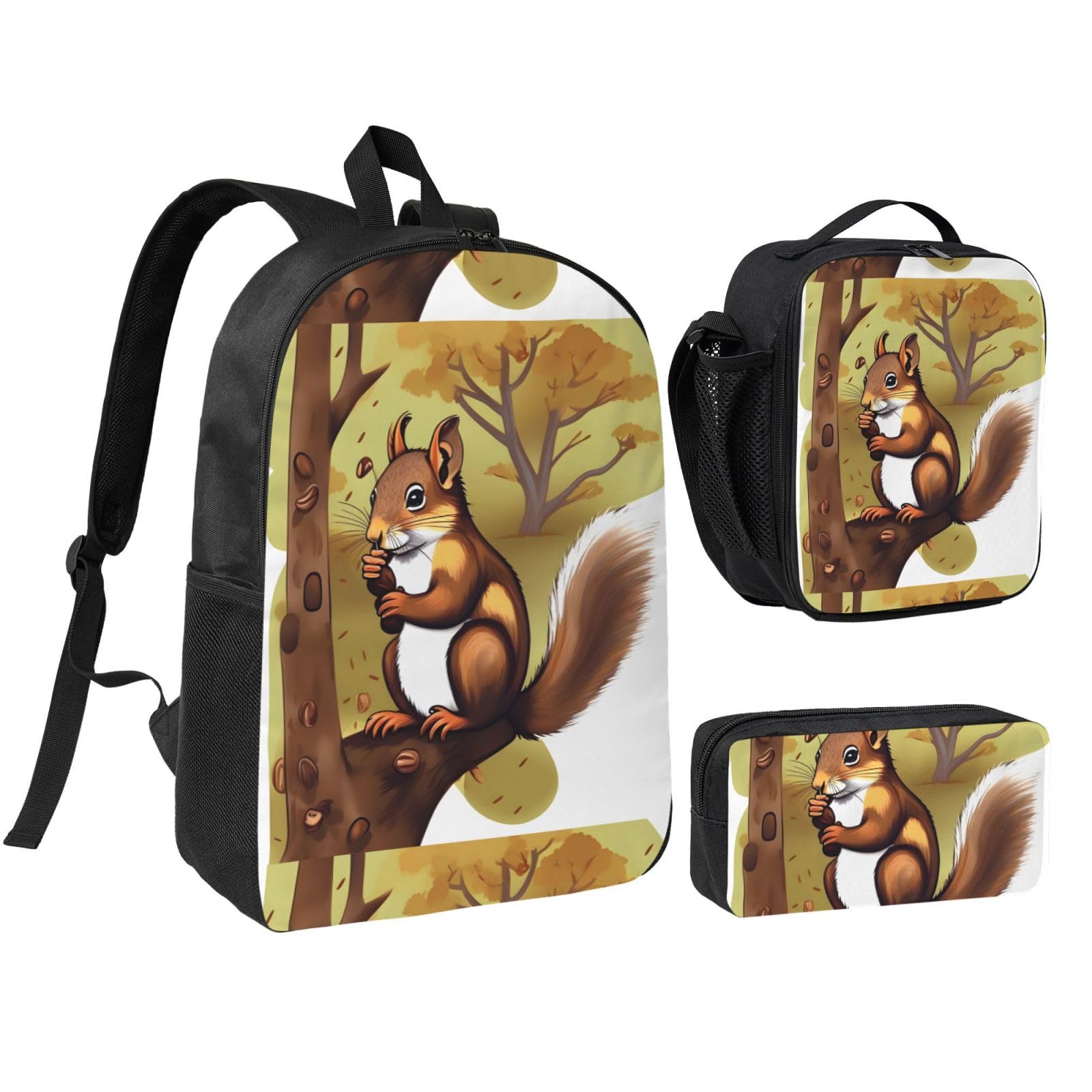 Set di astucci portapranzo con scoiattolo che mangia noci da 43 cm, stampa carina, resistente tessuto Oxford.