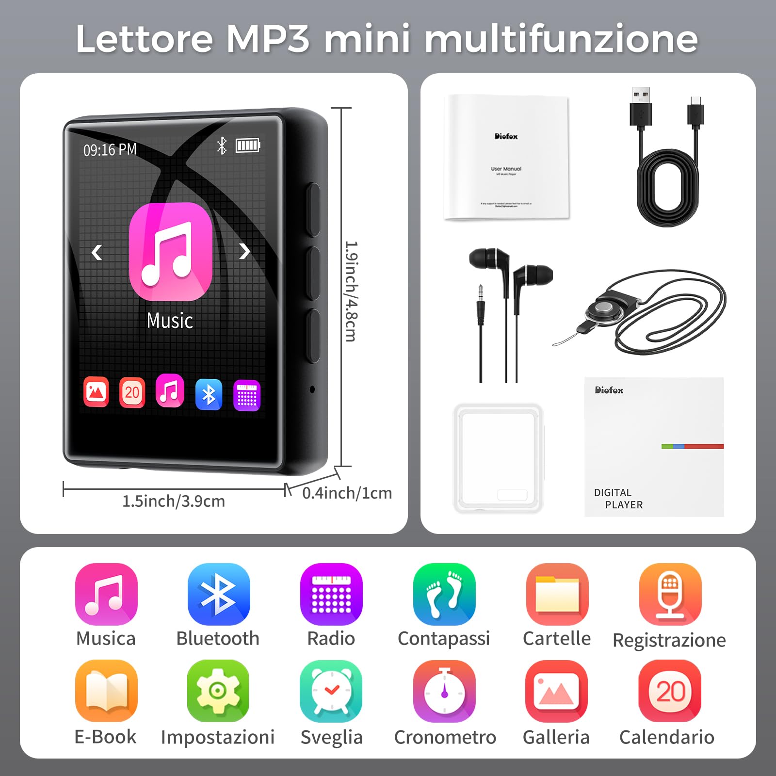 64GB Lettore MP3 con Bluetooth 5.3, lettore MP3 con touchscreen da 1,8 pollici e altoparlante, suono HiFi, radio FM, ebook, registratore, mini lettore musicale, fino a 128GB (nero, solo 55g)
