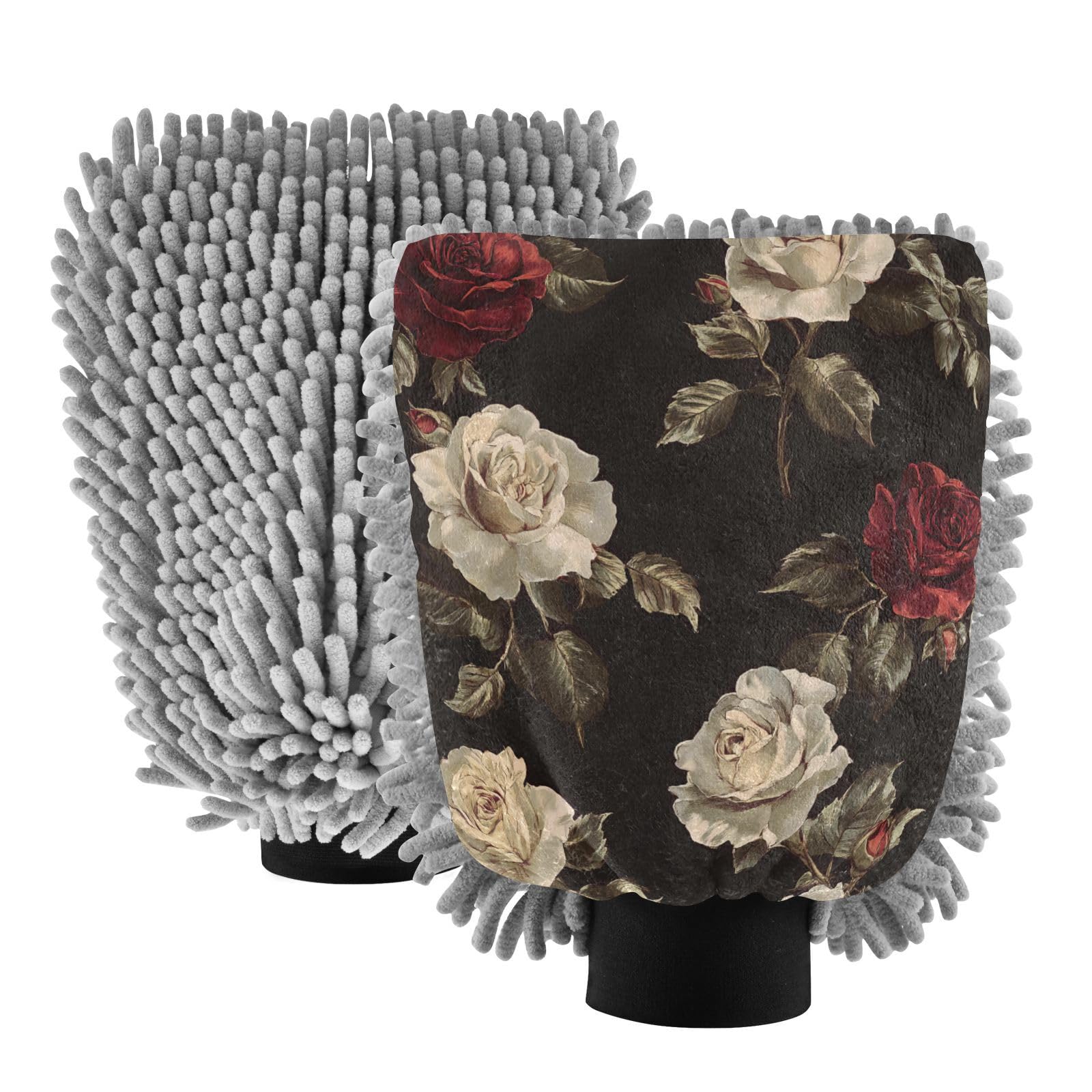STAYTOP Beautiful Vintage Colored Roses Car Wash Mitt Microfiber, 2Pcs Scratch Free Lint-Free, Premium Chenille Microfiber Mitt Car Wash Brush-L