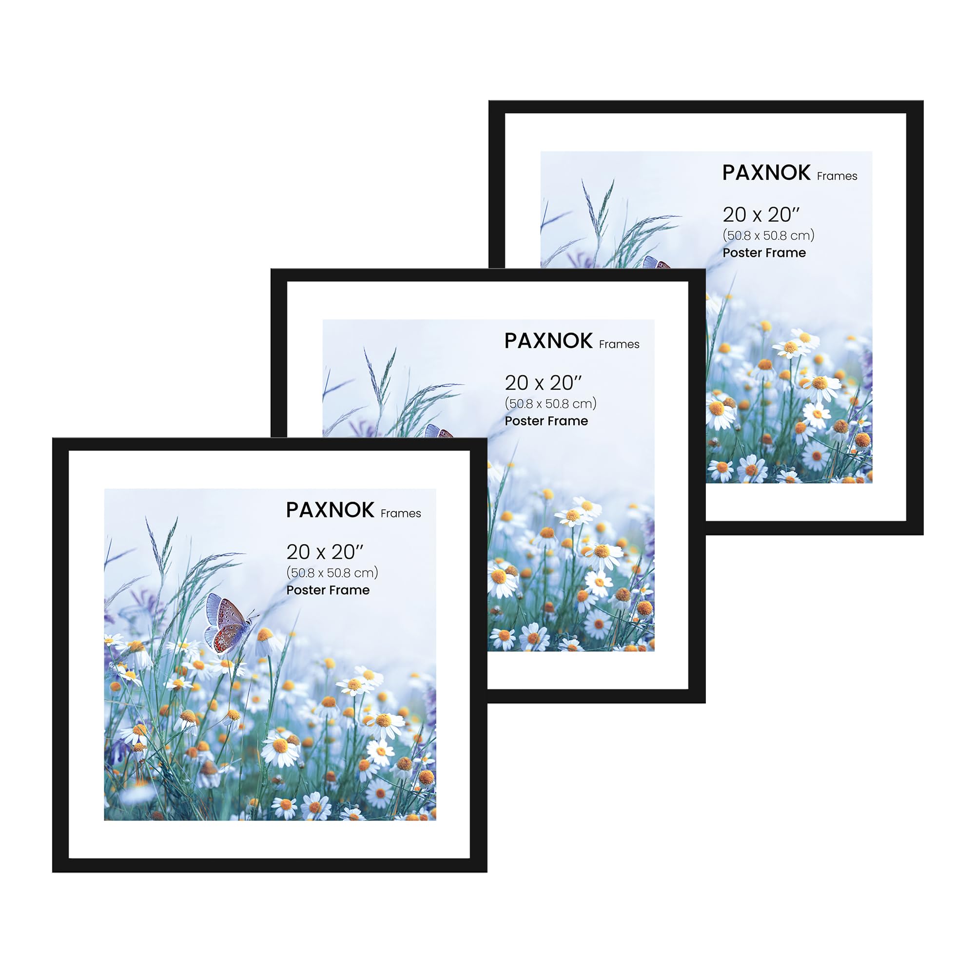 Black 20x20 Picture Frame 16x16 with Mat, Large Poster Frames Included Hanging Hardware Set of 3 - Shatterproof Plexiglass Sheet (3, 20x20)