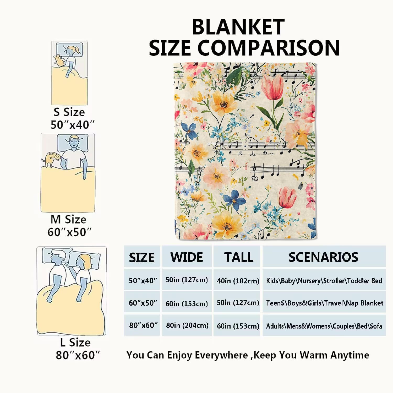 Music Note Blanket Floral Throw Blankets with Pastel Flower,Birthday Gifts for Women & Musical Lovers,Lightweight Soft Fleece,for Sofa Couch Bed Room Spring Artistic Decor 50x60in