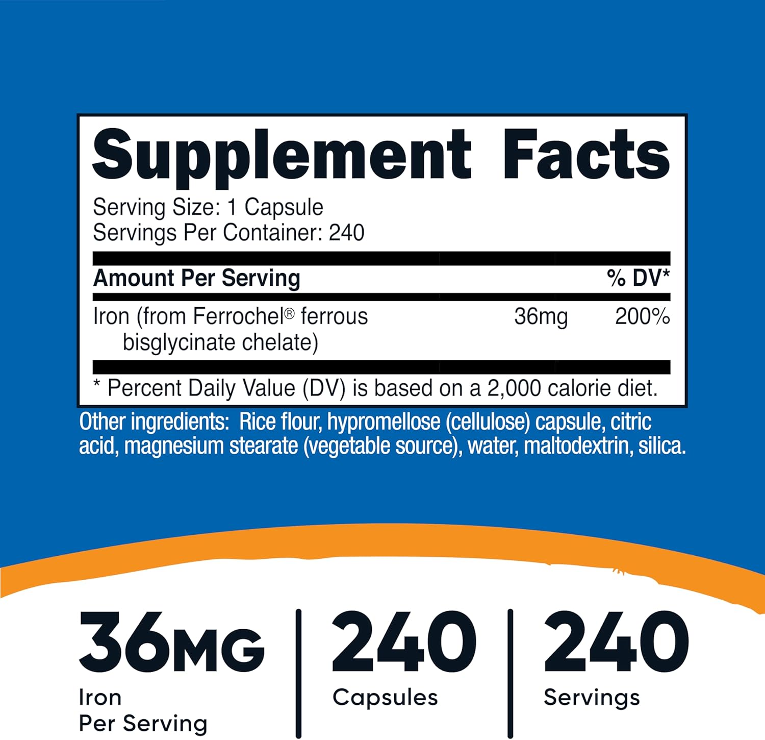Nutricost Chelated Iron, As Ferrochel, 36mg, 240 Capsules - Image 2