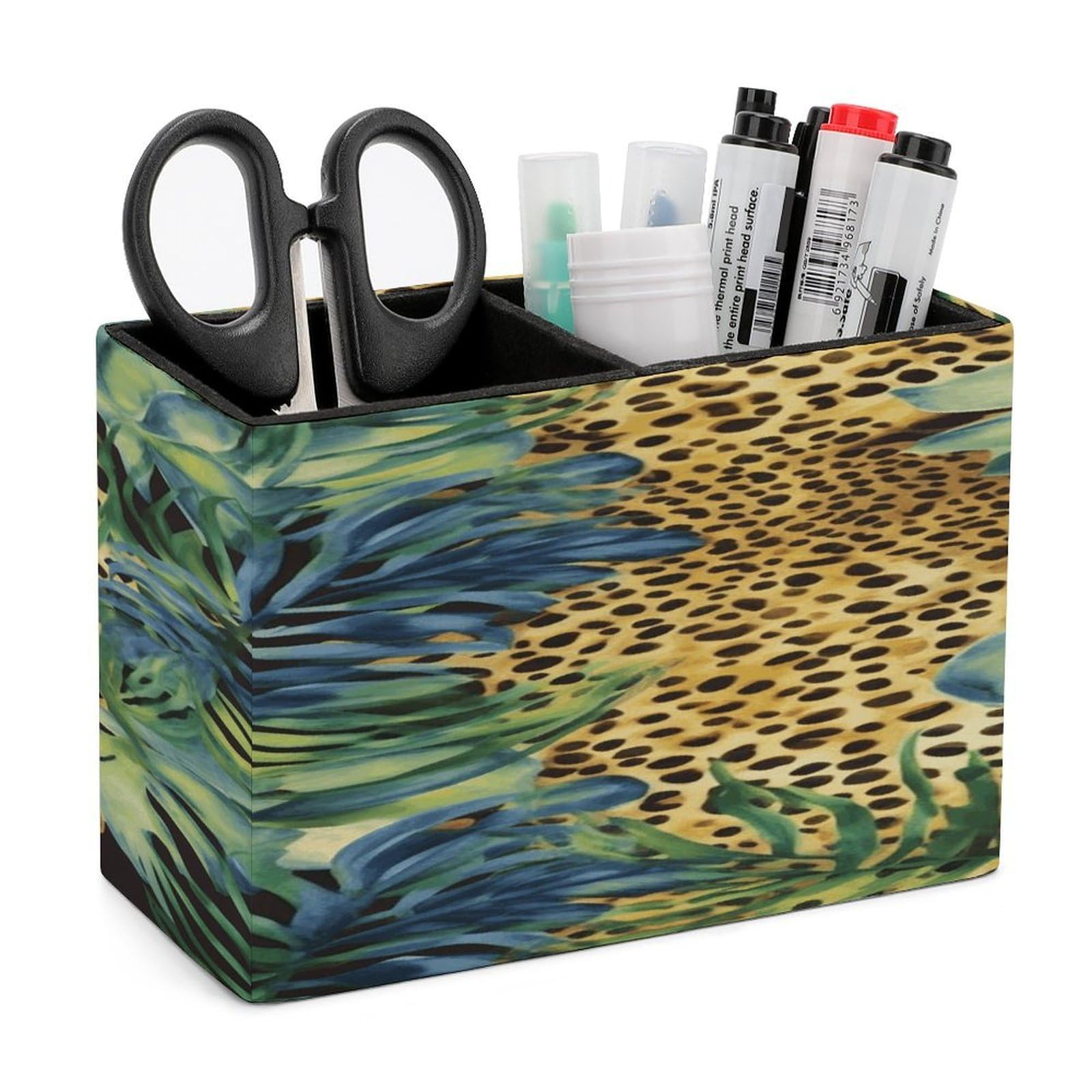 VstaDank Print Animal Leopard Print Jungle Pen Holder Double Compartments Pen Cup Fashion Makeup Brush Holders Leather Pencil Holder for Work Locker Accessories Modern Pencil Cup for Desk Organizer