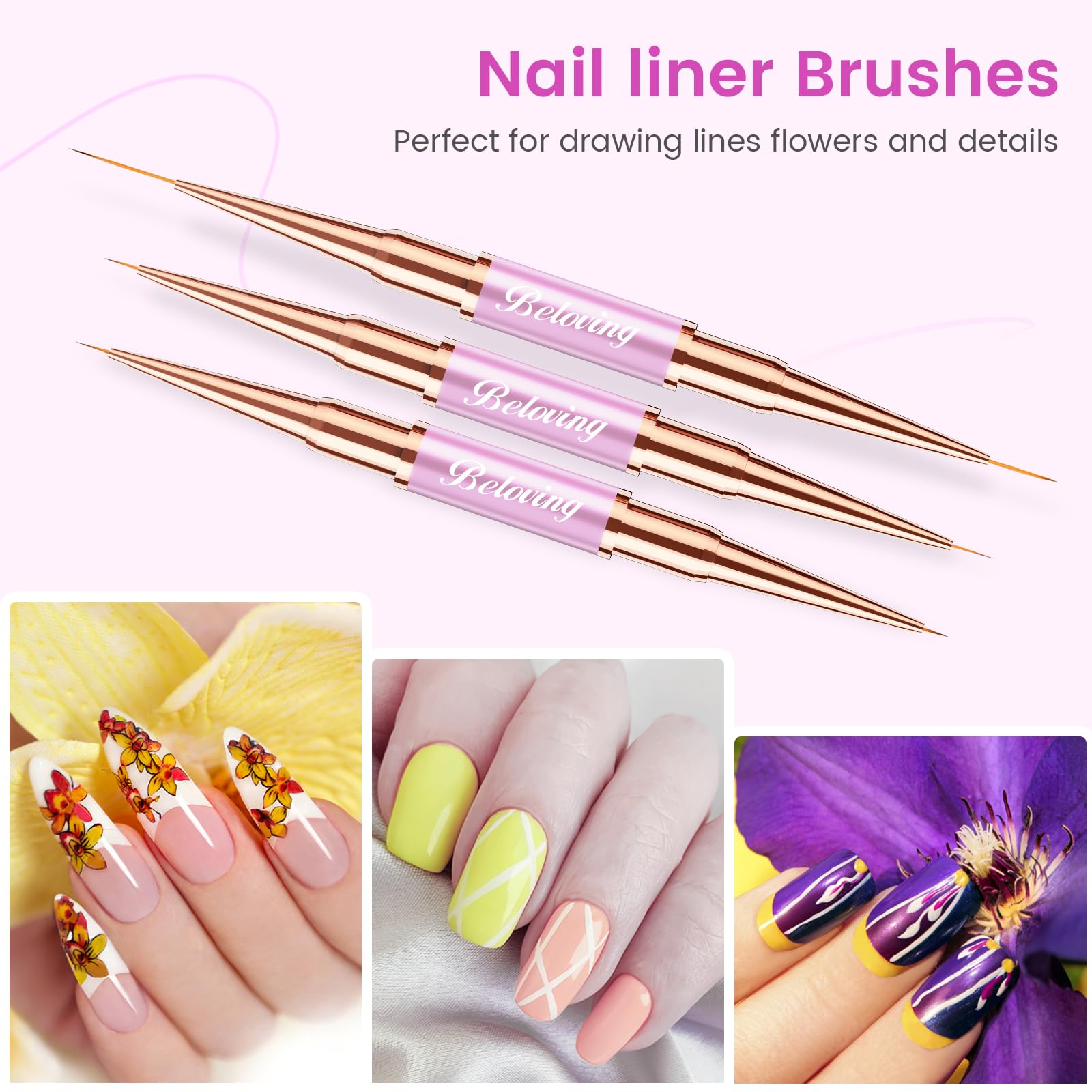 5 Pennelli Unghie Gel, Set Pennelli Per Nail Art e Disegni Unghie, Doppia Faccia Pennello Per Gel Unghie Ricostruzione, Smalto UV, Ombré, Pennelli Liner Con Coperture Protettive, Viola