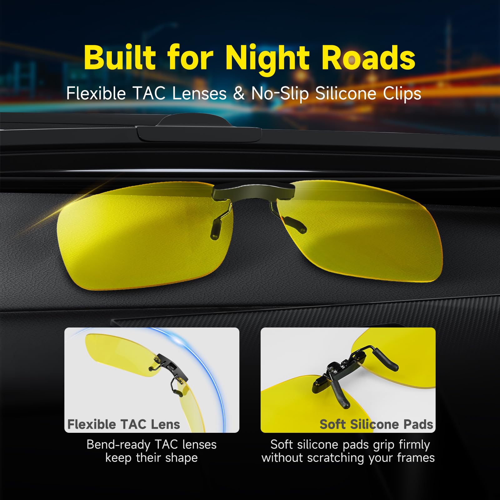 Gafas de conducción polarizadas con clip y abatibles, visión nocturna o lente solar, clip UV400, Visión nocturna con clip (57 x 40 mm, 2 unidades), Compact
