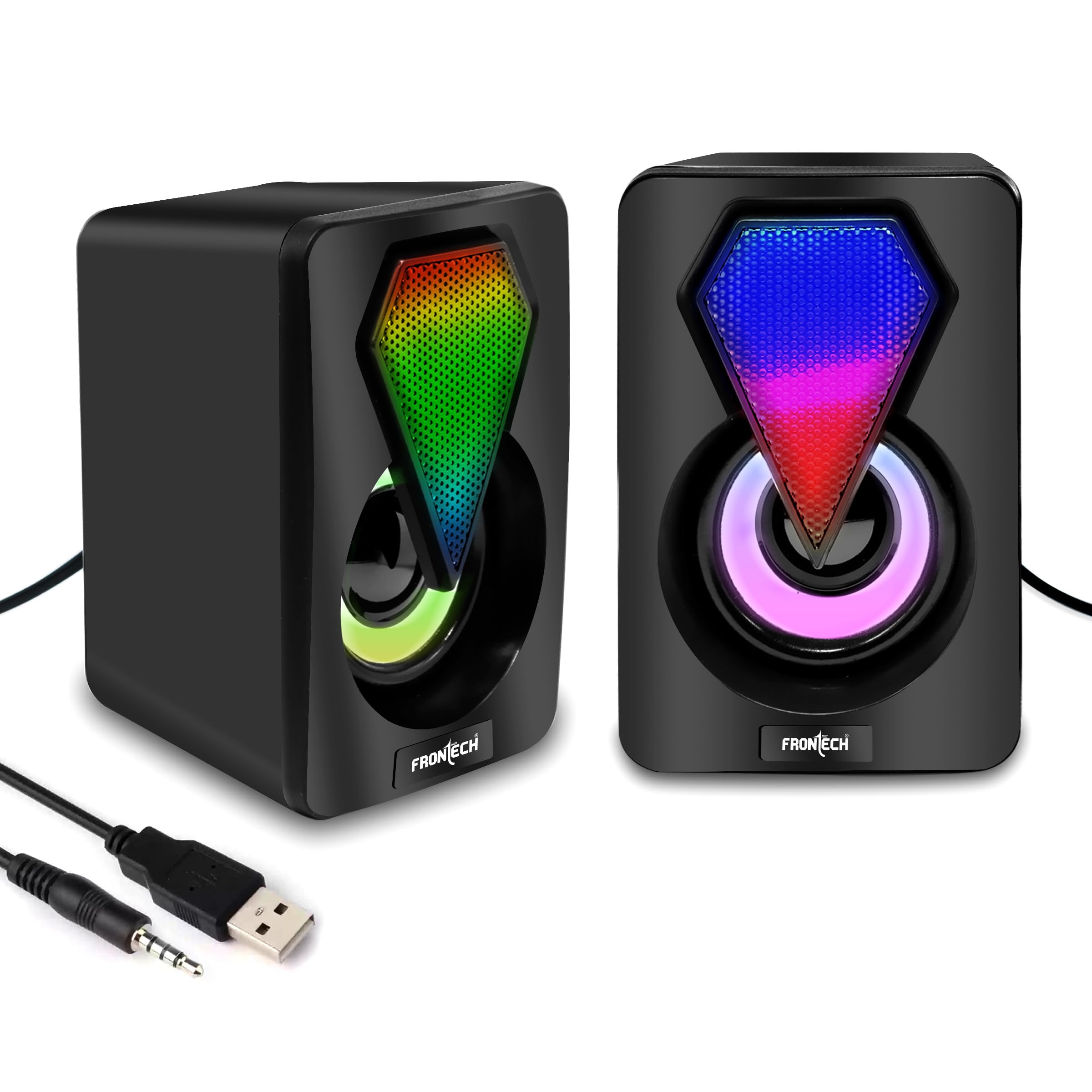 FRONTECH 2.0 USB Powered Multimedia Speakers with RGB Lights | 2 x 3W Drivers (5.2 cm) | AUX Connectivity | for Laptop, PC, Mobile | 1 Year Warranty (SPK-0005, Black)