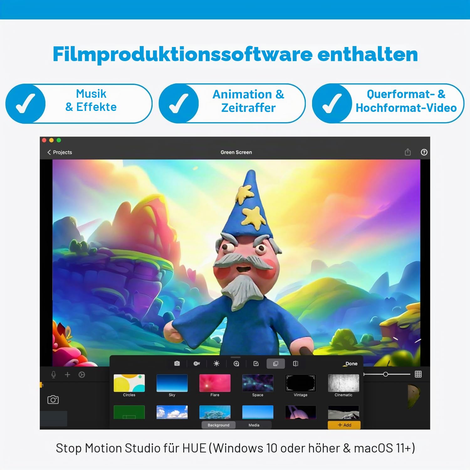 HUE Animation Studio Pro: Stop-Motion-Kit für Windows/macOS, Schwarz | Kinder/Jugendliche & Bastler ab 7 Jahren, Full HD 1080p flexible Kamera, integriertes Mikrofon, LED-Lichter, Software, Buch