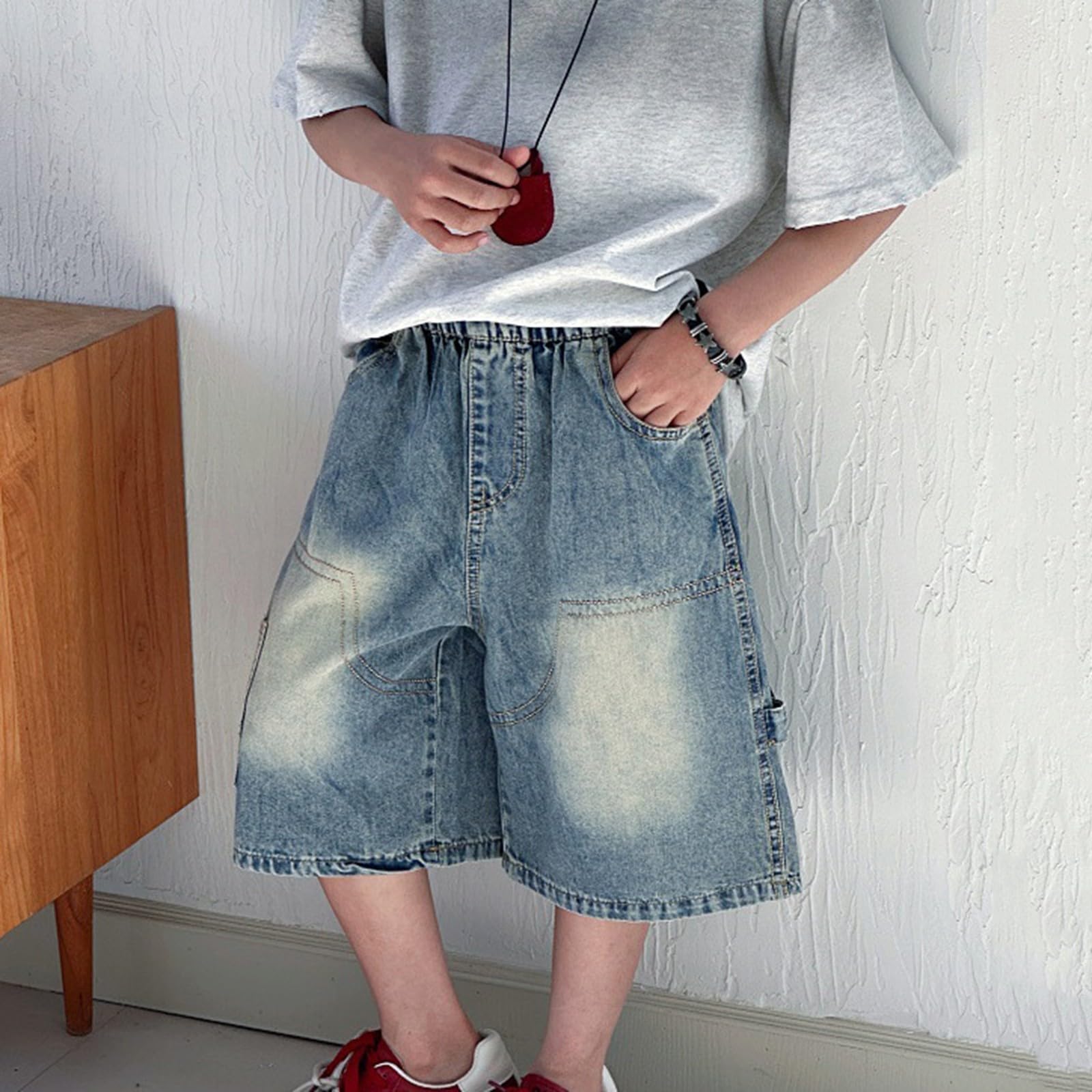 Pantalones cortos de mezclilla holgados para niños, informales, cintura elástica, estilo cargo, pierna ancha, pantalones cortos de mezclilla para verano, rectos, hasta la rodilla, para