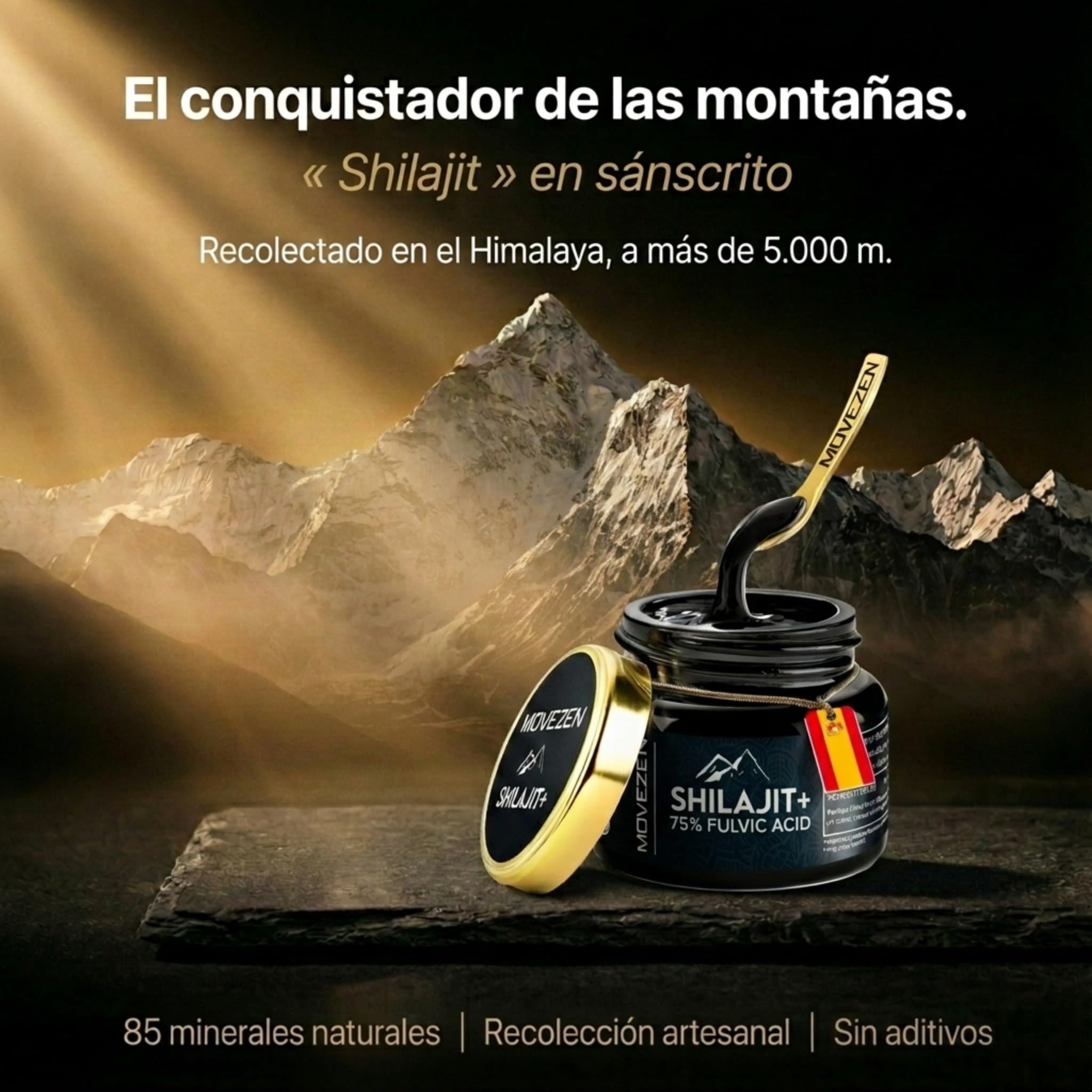 Shilajit+ MOVEZEN 30 g, resina de Shilajit puro (mumijo), ≥75% ácido fúlvico probado por Eurofins, Himalaya 5000 m, rico en 85 minerales, sin aditivos, 50 días, Halal, cuchara incluida