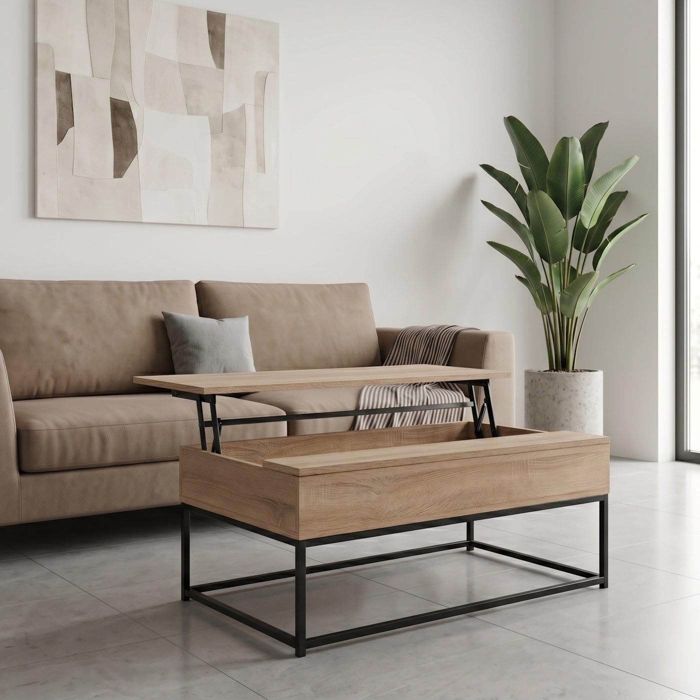 LOLAhome Mesa de Centro Elevable Urban 100x55x40/53 cm con Almacenaje Madera Roble y Metal Negro Mesa Auxiliar Salon Comedor Mesa Baja Industrial para Sofa Comer y Trabajar Portatil