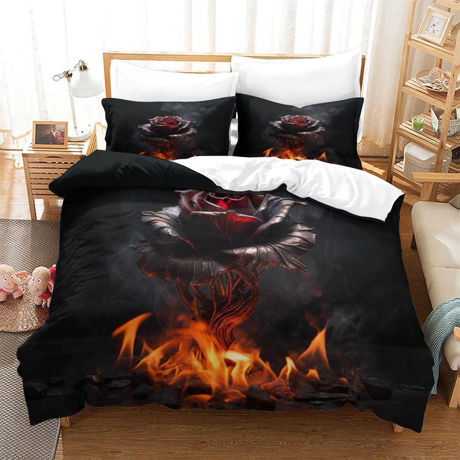Housse de couette roses on fire 3D drap de lit microfibre respirante 3 pièces super king 260x220
