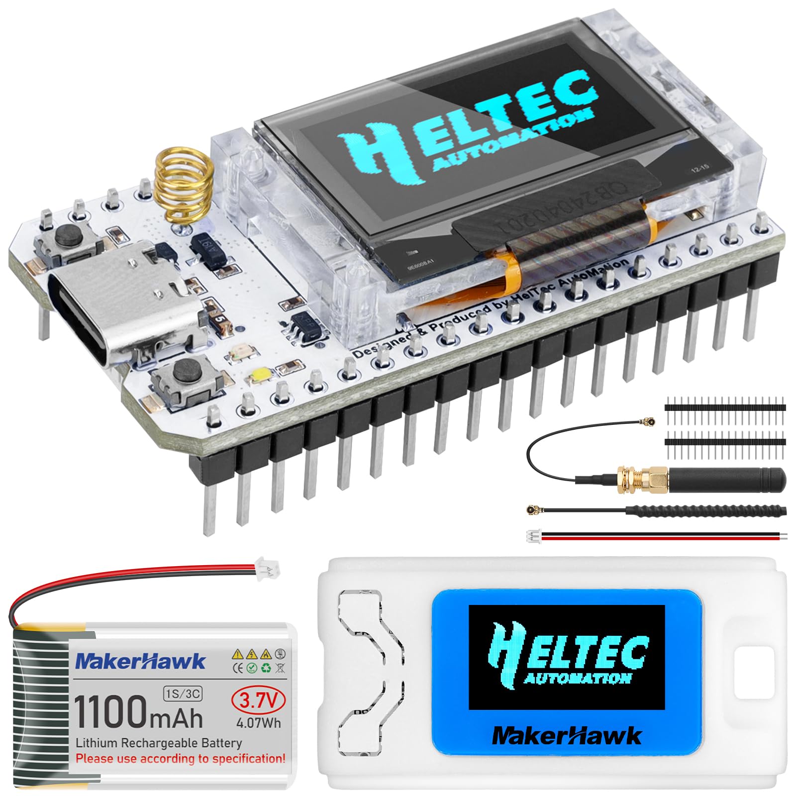 MakerHawk ESP32 LoRa V3 Development Board + 1100mAh Battery + N30 Protect Case Set - with 915MHz Antenna and SX1262 LoRa V3 Devices for Meshtastic Arduino LoRawan IOT (Upgraded N30 Case)