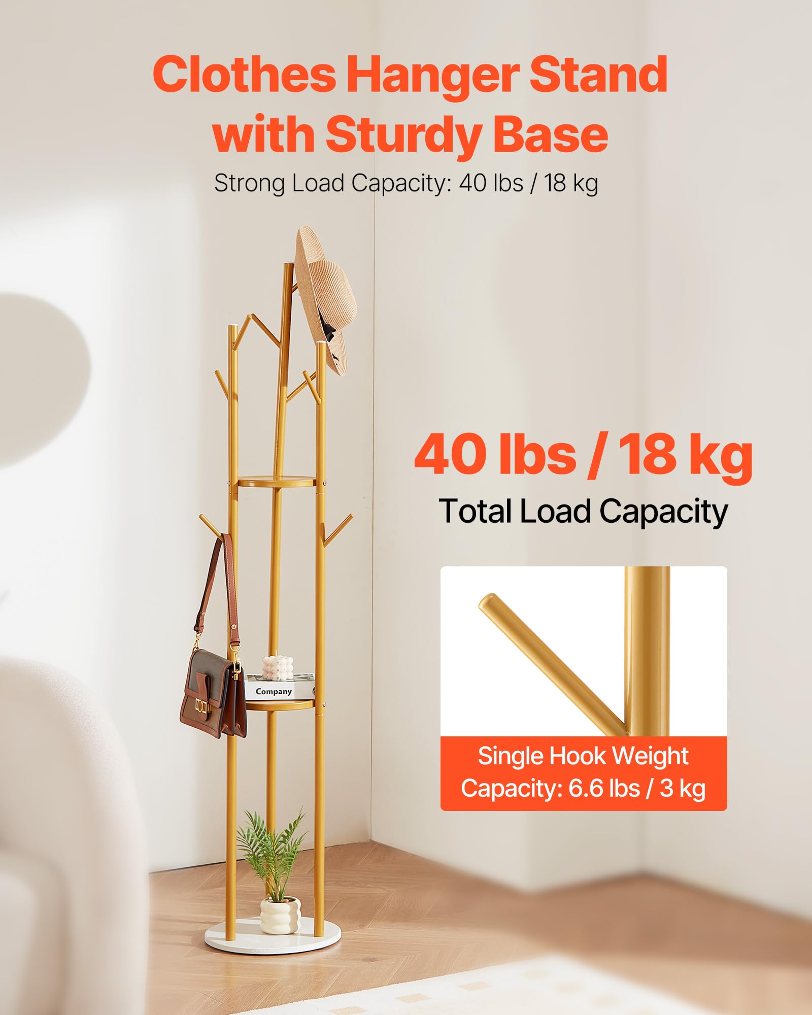 VEVOR Perchero de Pie con Base de Cuarzo y 9 Ganchos, Ideal para Entrada, Dormitorio, Oficina y Sala de Estar, Perchero Moderno para Abrigos, Sombreros, Bufandas y Bolsos, 340 x 340 x 1700 mm