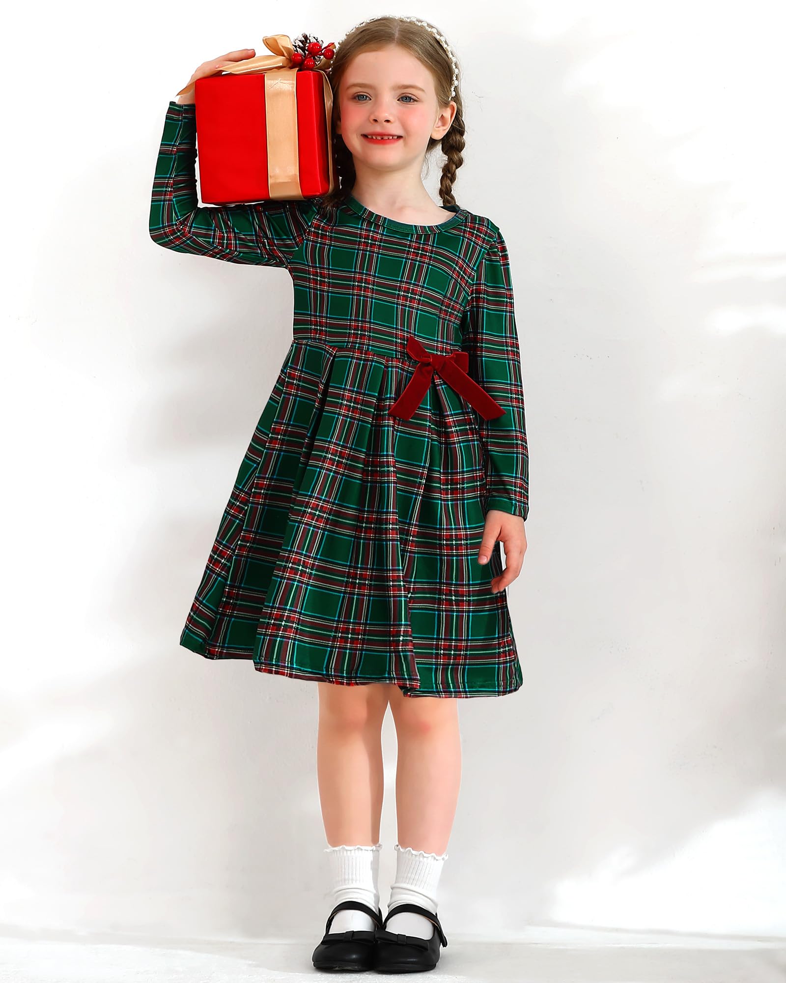 Zoerea Abito Natalizio per Bambine Abito Rosso a Trapezio a Maniche Lunghe con Fiocco Scollo Rotondo colorato dai 6 ai 14 Anni