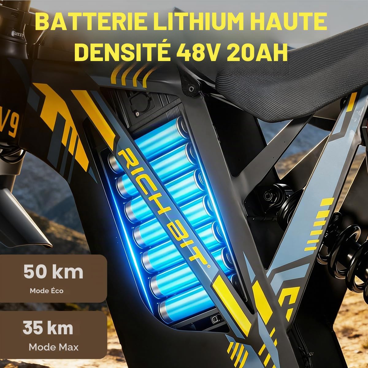 cysum V9 Ultra Vélo électrique Homme, VTT électrique pour Adultes, Batterie 48 V 20 Ah, Double Suspension, Freins à Disque Hydrauliques