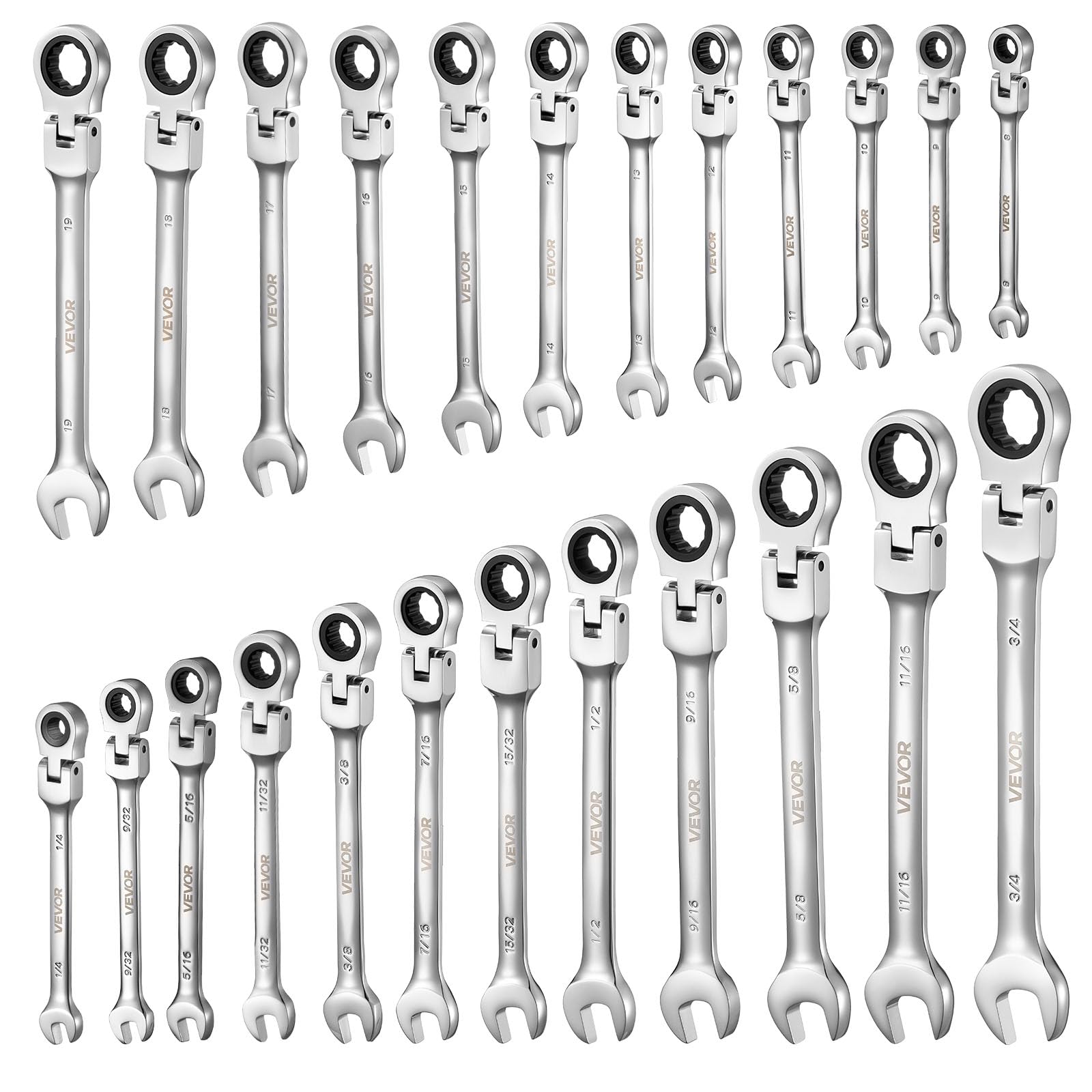 VEVOR Jeu de Clés Mixtes 24 Pièces, Clé Plate à Cliquet avec Tête Flexible, pour Réparation Domestique et Automobile Atelier, SAE et Métrique, 72 Dents, en Acier Cr-V, avec Coffret de Rangement