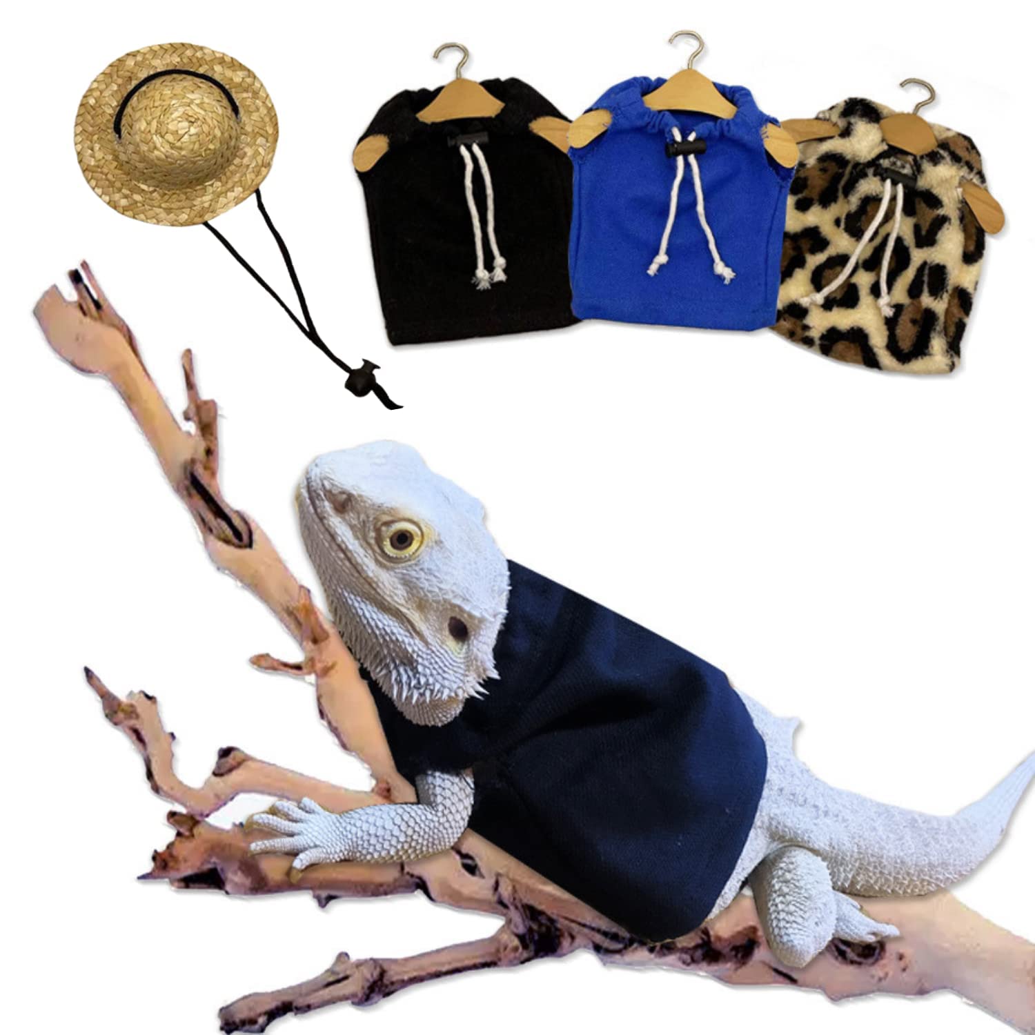 4 Pack Lizard Clothes for Bearded Dragons, with Straw Hat Set Reptile Apparel Handmade Sleeveless T-Shirt Vest for Lizard Bearded Dragon Crested Gecko Chameleon (L, 4 Pack Set)
