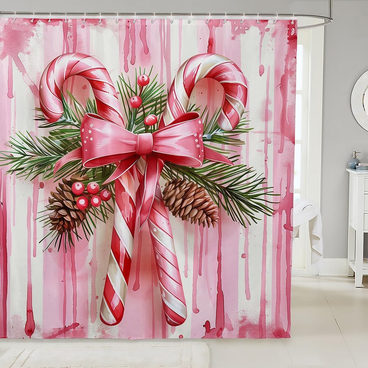Feelyou Christmas Shower Curtain 72"x78" Merry Christmas Bathroom Shower Curtain Set for Boys Girls Teens Bath Curtain Bow Kids Bathroom Accessories Rose Pink
