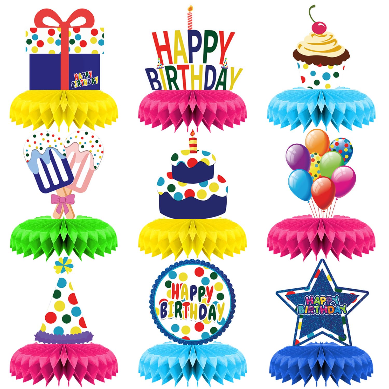 Acidea Colorful Birthday Table Decorations, 9 Pcs Rainbow Happy Birthday Table Centrepiece, Birthday Table Honeycomb Ball Decor for Boys Girls Baby Shower Birthday Party Supplies