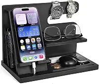 Estação de ancoragem de madeira para telefone – organizador de mesa de cabeceira para celular, relógio, carteira – presente de aniversário para homens ou marido (preto)