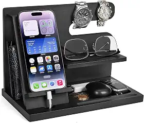 Estação de ancoragem de madeira para telefone – organizador de mesa de cabeceira para celular, relógio, carteira – presente de aniversário para homens ou marido (preto)