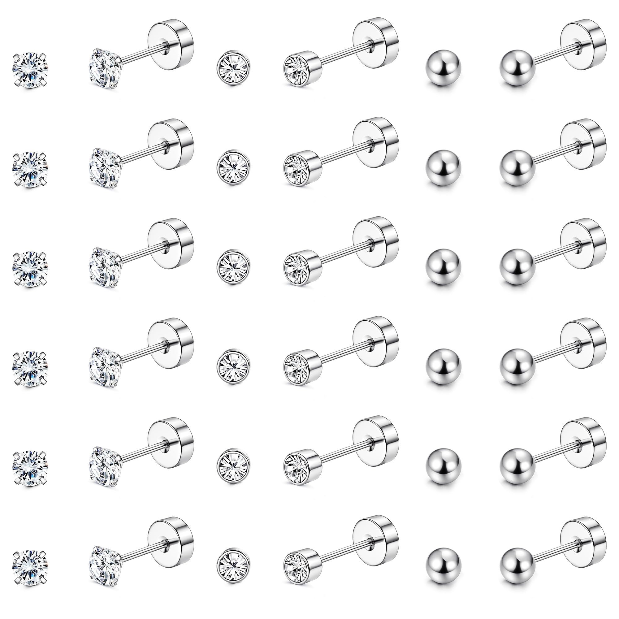JeweBella 18 Pares Pendientes Pequeños Mujer Acero Inoxidable Bola Circonita Cúbica Pendientes Tuerca Planos Hipoalergénicos Piercing Oreja Plata 2mm/3mm/4mm