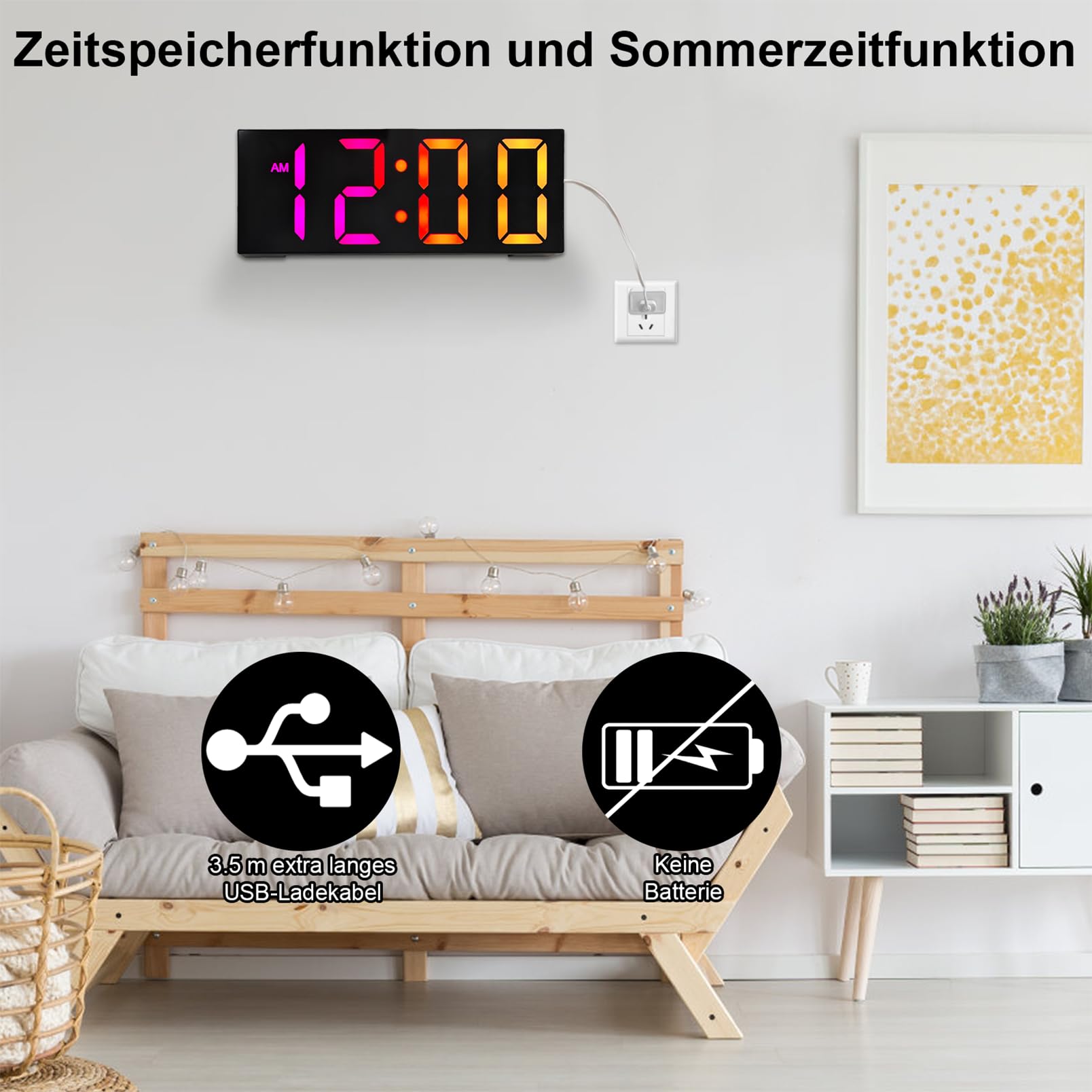 Yeelan Digitale wandklok, 8 kleuren, 30 cm grote digitale klok met