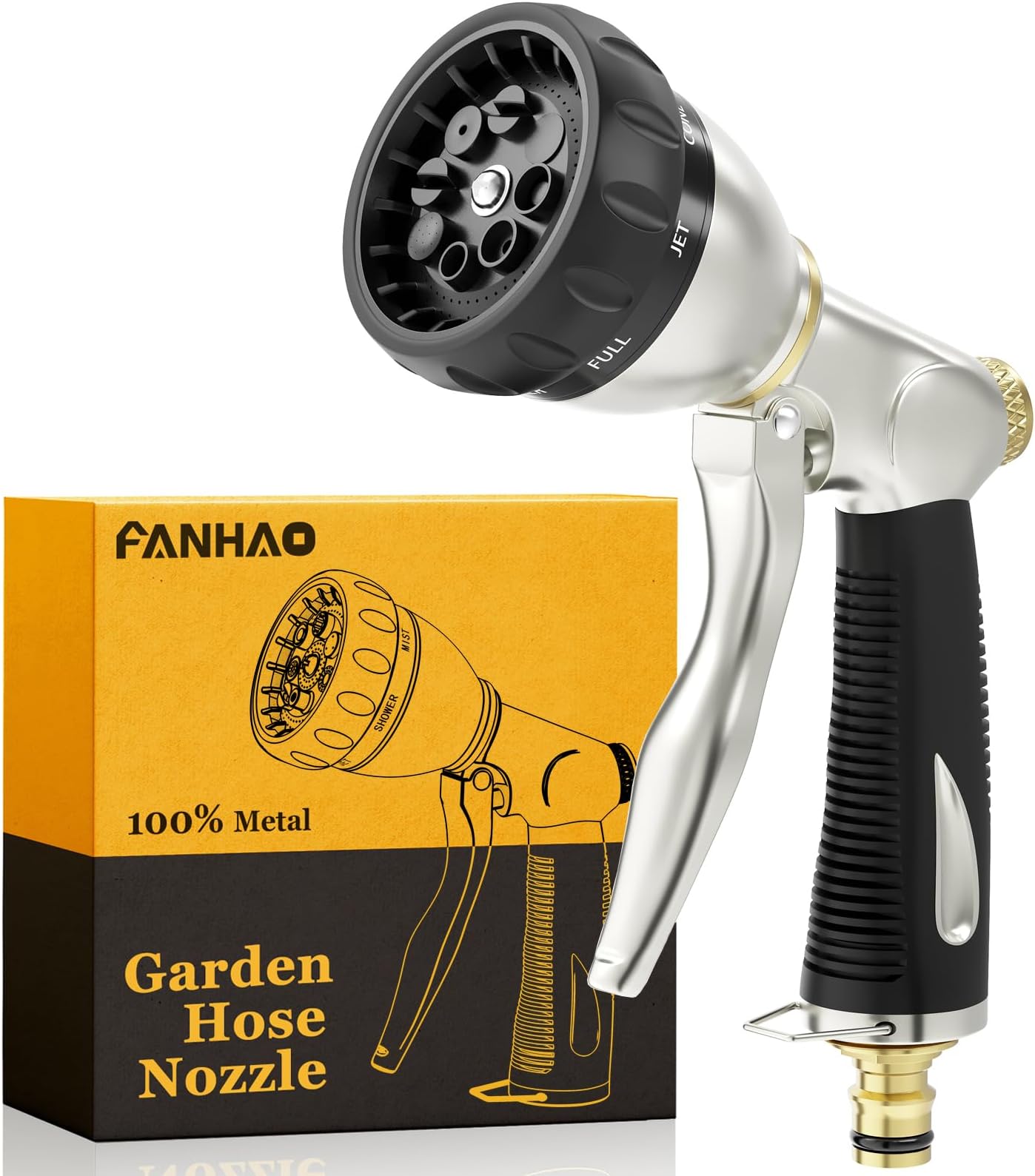 FANHAO Heavy Duty Garden Hose Pipe Spray Gun, 100% Metal Hose Gun with 8 Spray Patterns, High Pressure Hose Nozzle with Non-Slip Grip for Watering Plants & Lawns, Washing Cars & Pets -Black