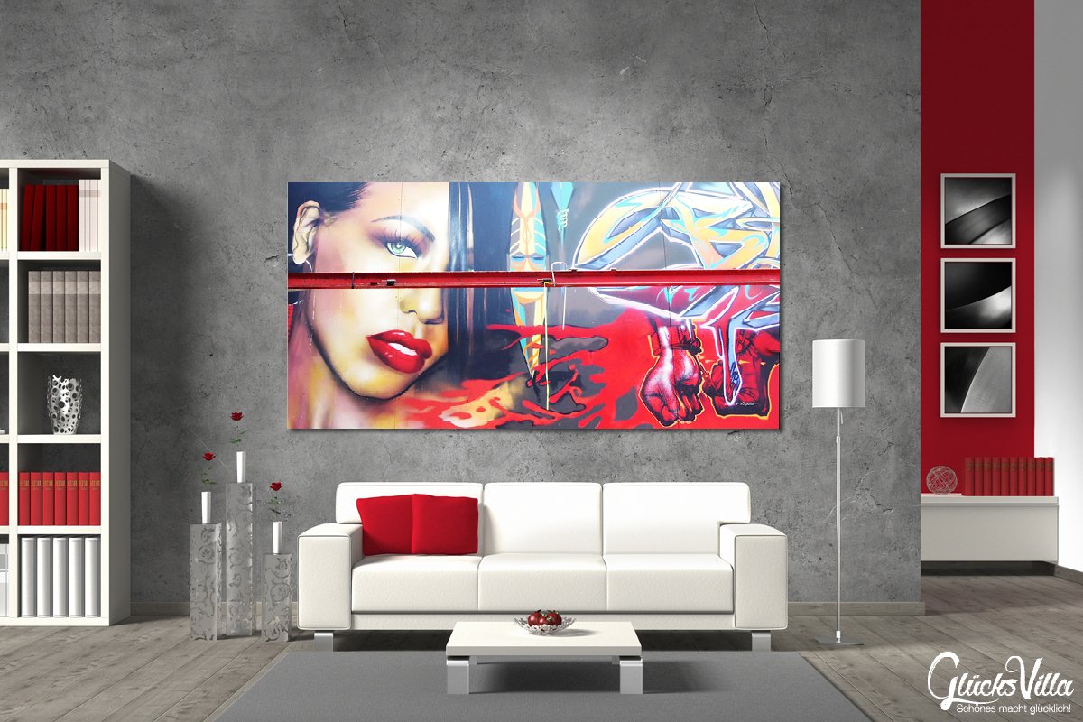 Glücksvilla - Graffiti 2 (Leinwand-Bild 2 cm, 160 x 80 cm) | div. Maße - aus DE - Kunstdruck Deko Wandbild quer - Paris Gemälde sprayen Kunst Mann Airbrush